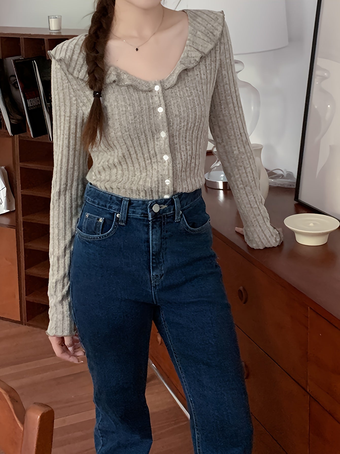 Antmvs Solid Button Down Slim Knit Cardigan, Casual Collared Lettuce Trim Long Sleeve Thin Top, Women's Clothing
