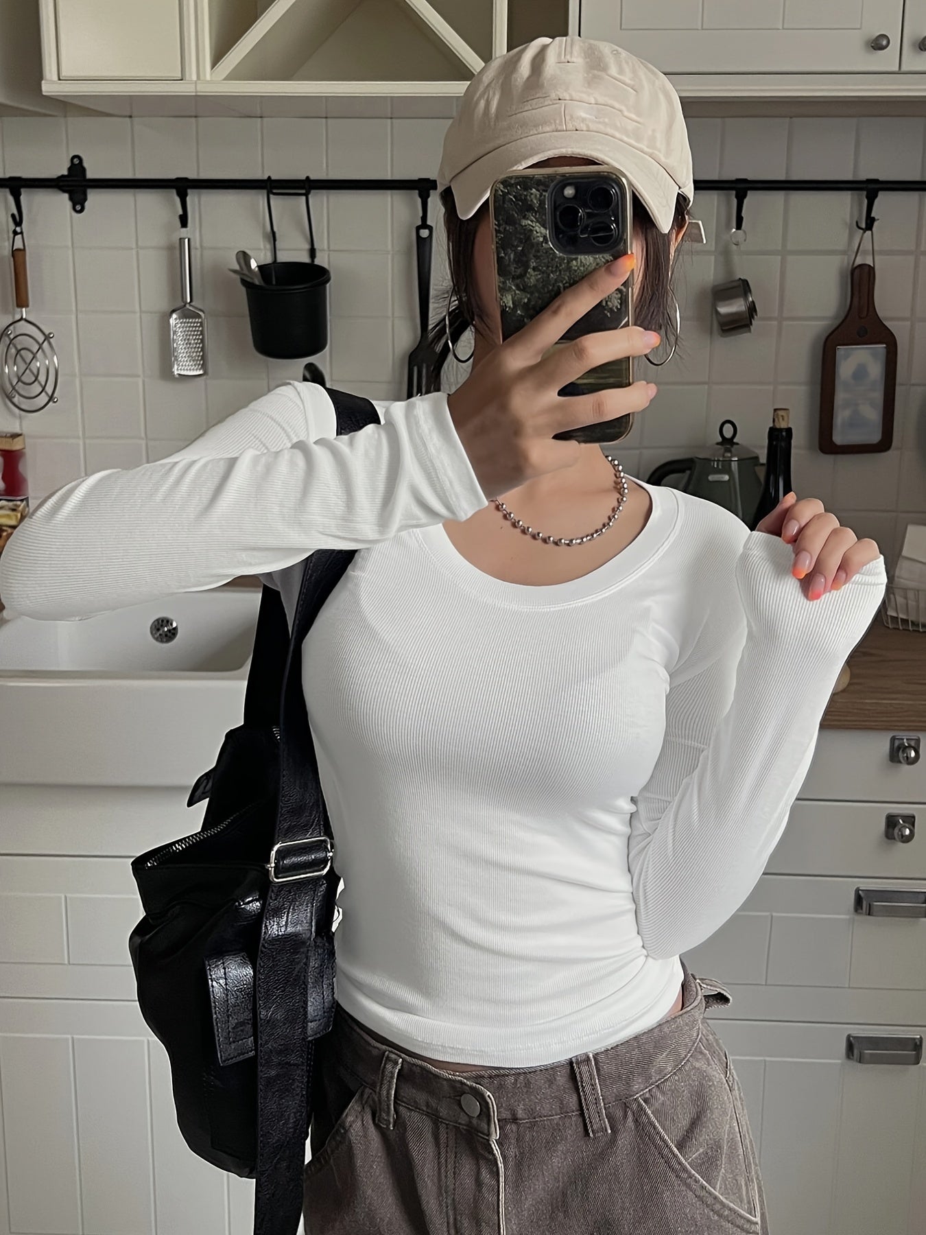 Antmvs Versatile Solid Crew Neck Skinny T-Shirt, Casual Long Sleeve T-Shirt For Spring & Fall, Women's Clothing