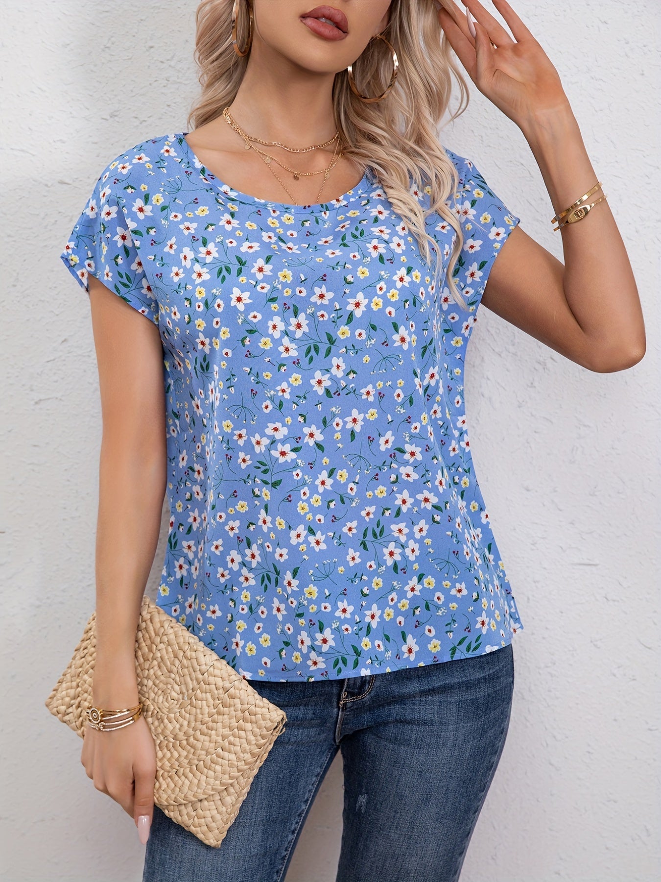 Antmvs Floral Print Crew Neck Blouse, Casual Short Sleeve Blouse For Spring & Summer, Women's Clothing
