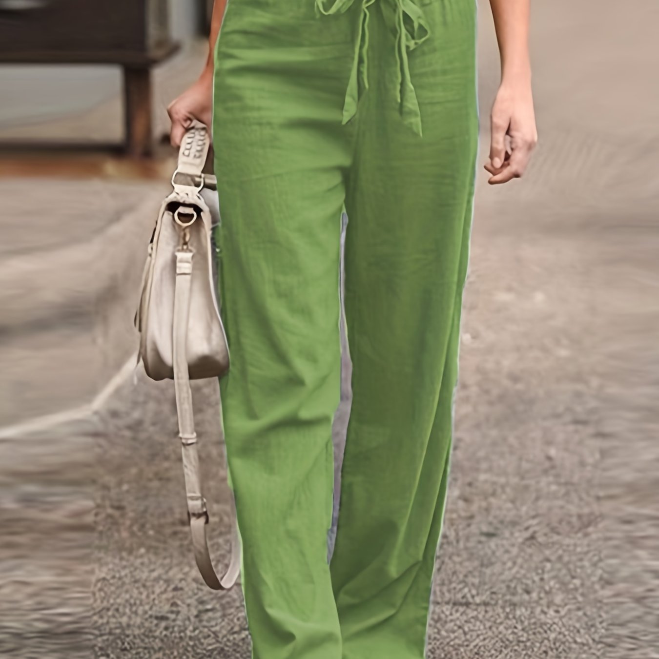 Antmvs Solid Tie Waist Pants, Casual High Waist Wide Leg Long Length Pants, Women's Clothing