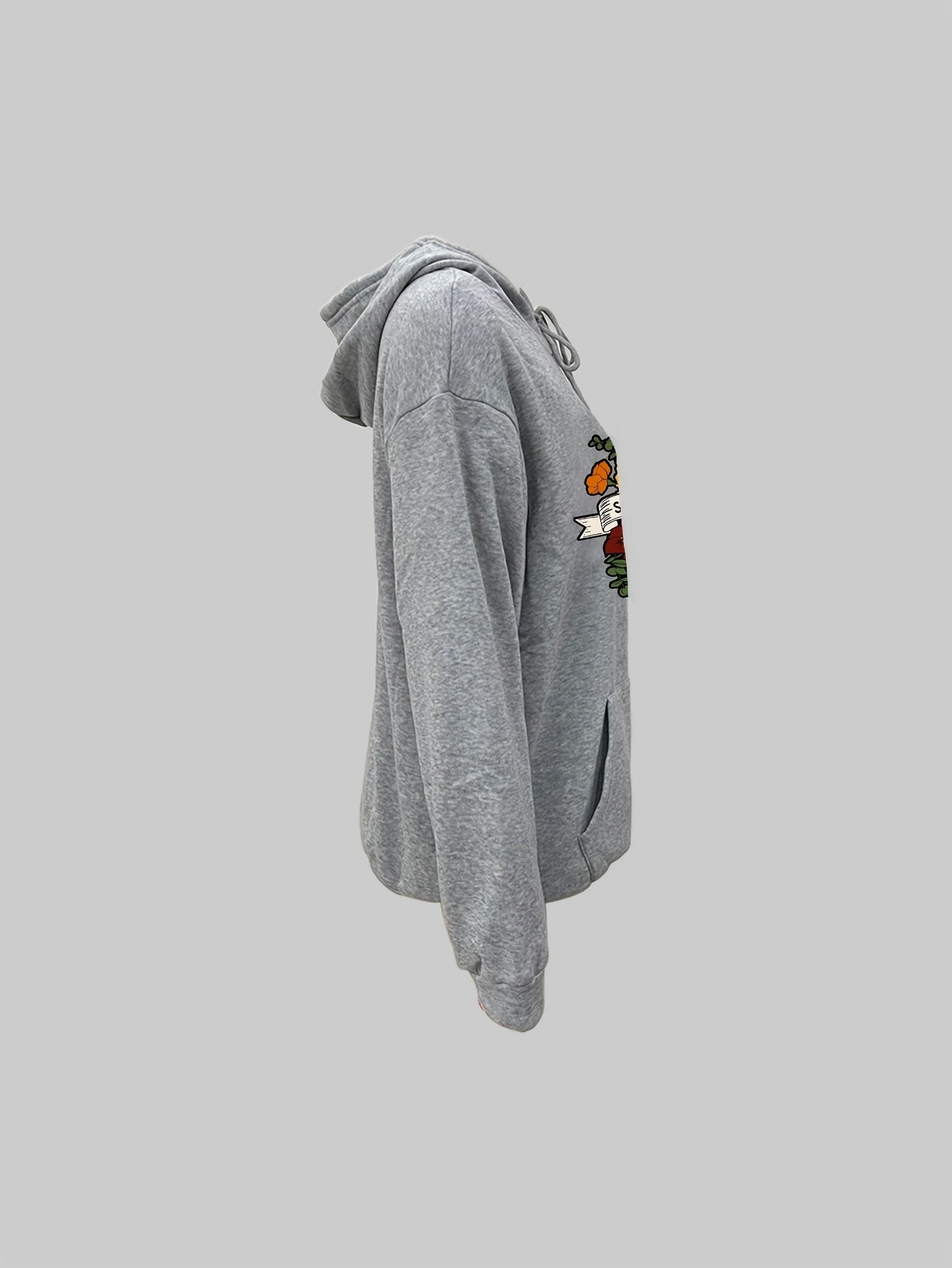 Antmvs Plus Size Halloween Casual Sweatshirt, Women's Plus Floral & Letter & Pumpkin Print Long Sleeve Drawstring Hooded Sweatshirt With Pockets