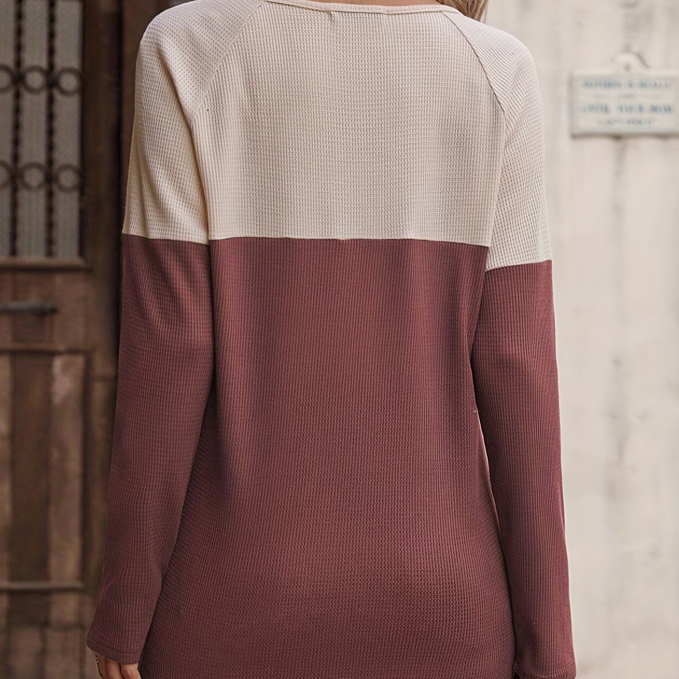 Antmvs Color Block Crew Neck Knitted Top, Casual Button Long Sleeve Sweater For Spring & Fall, Women's Clothing