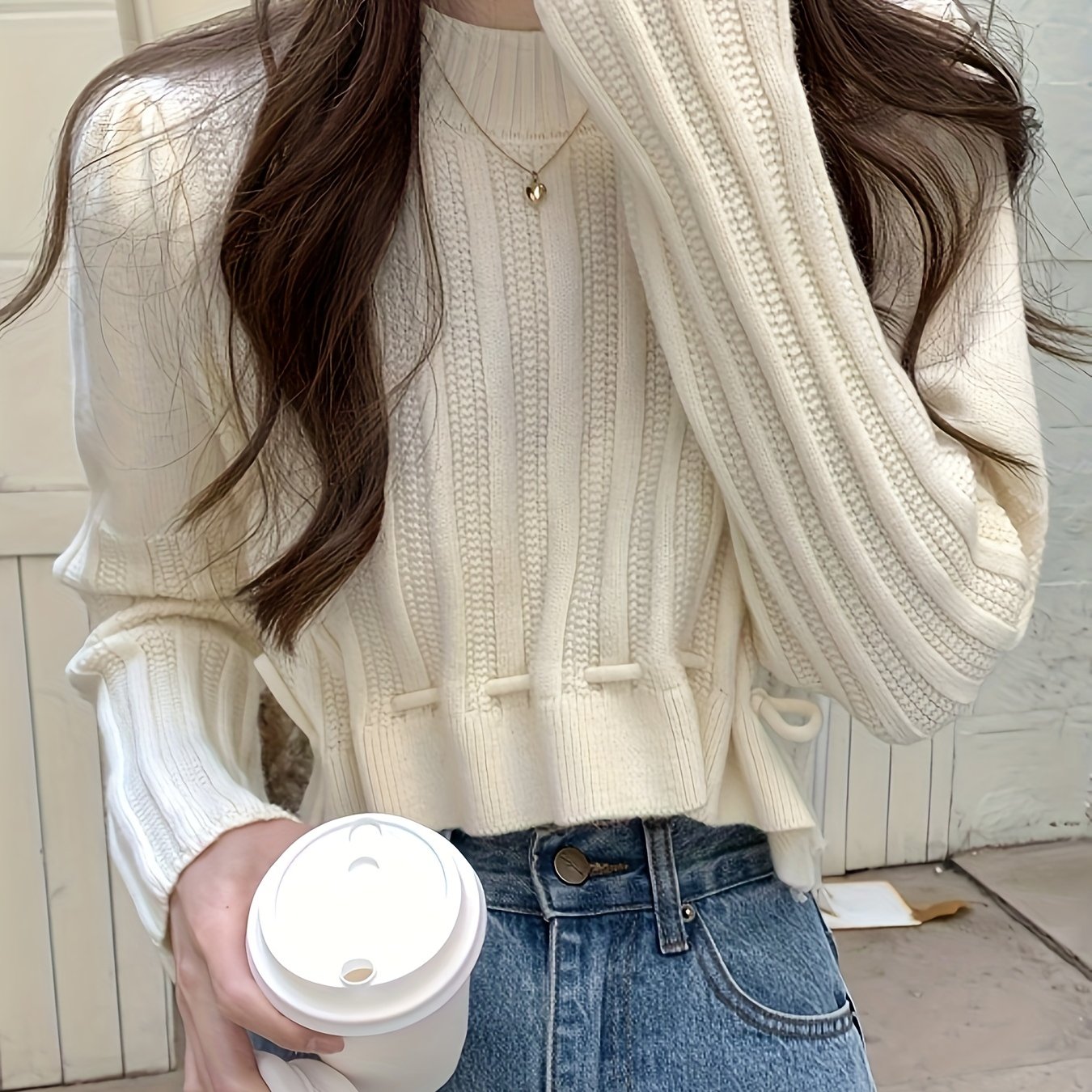Antmvs Solid Drawstring Hem Crop Sweater, Casual Mock Neck Long Sleeve Sweater For Fall & Winter, Women's Clothing