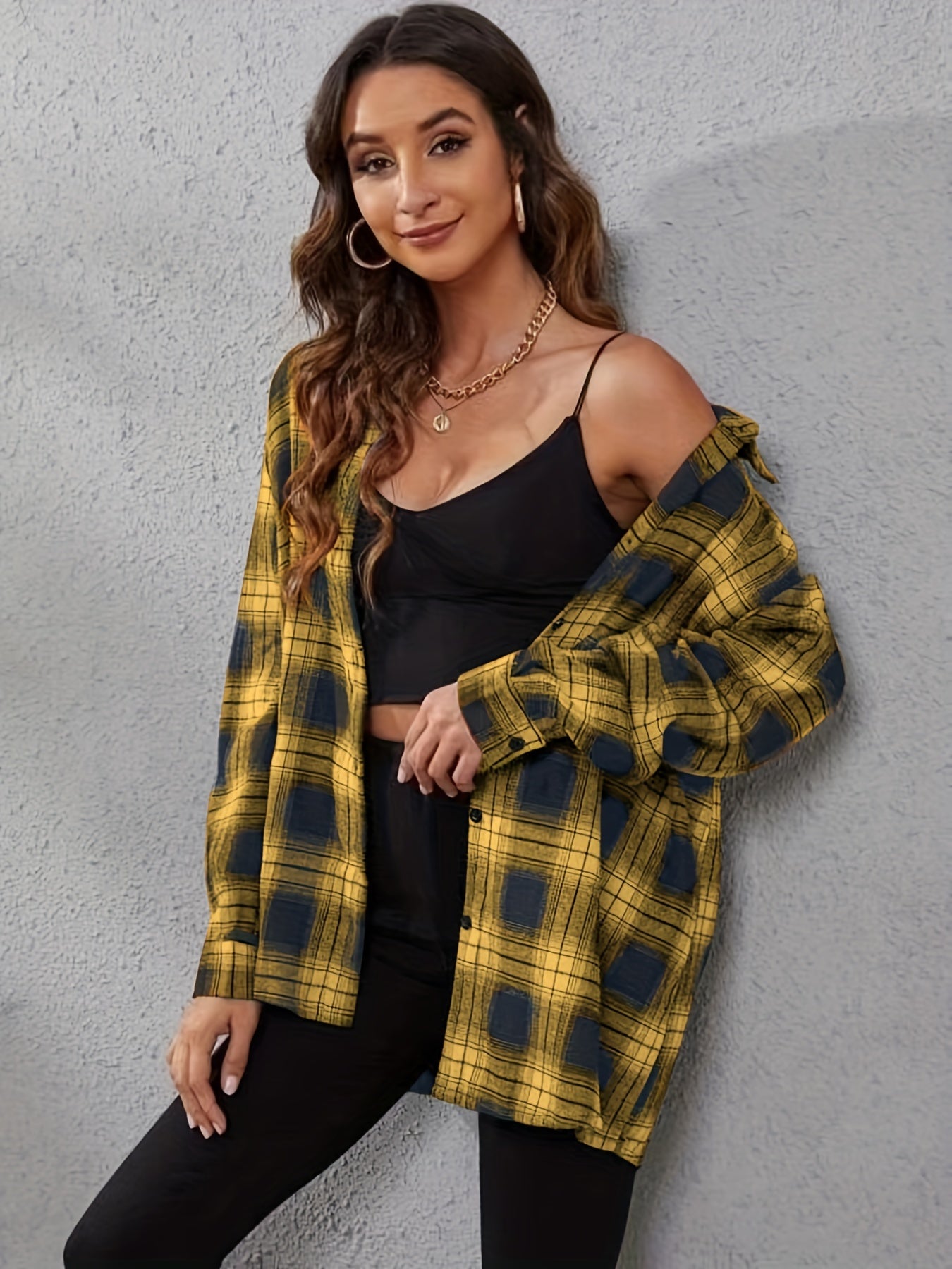 Antmvs Plaid Print Button Front Shirt, Elegant Cuff Sleeve Lapel Shirt, Women's Clothing