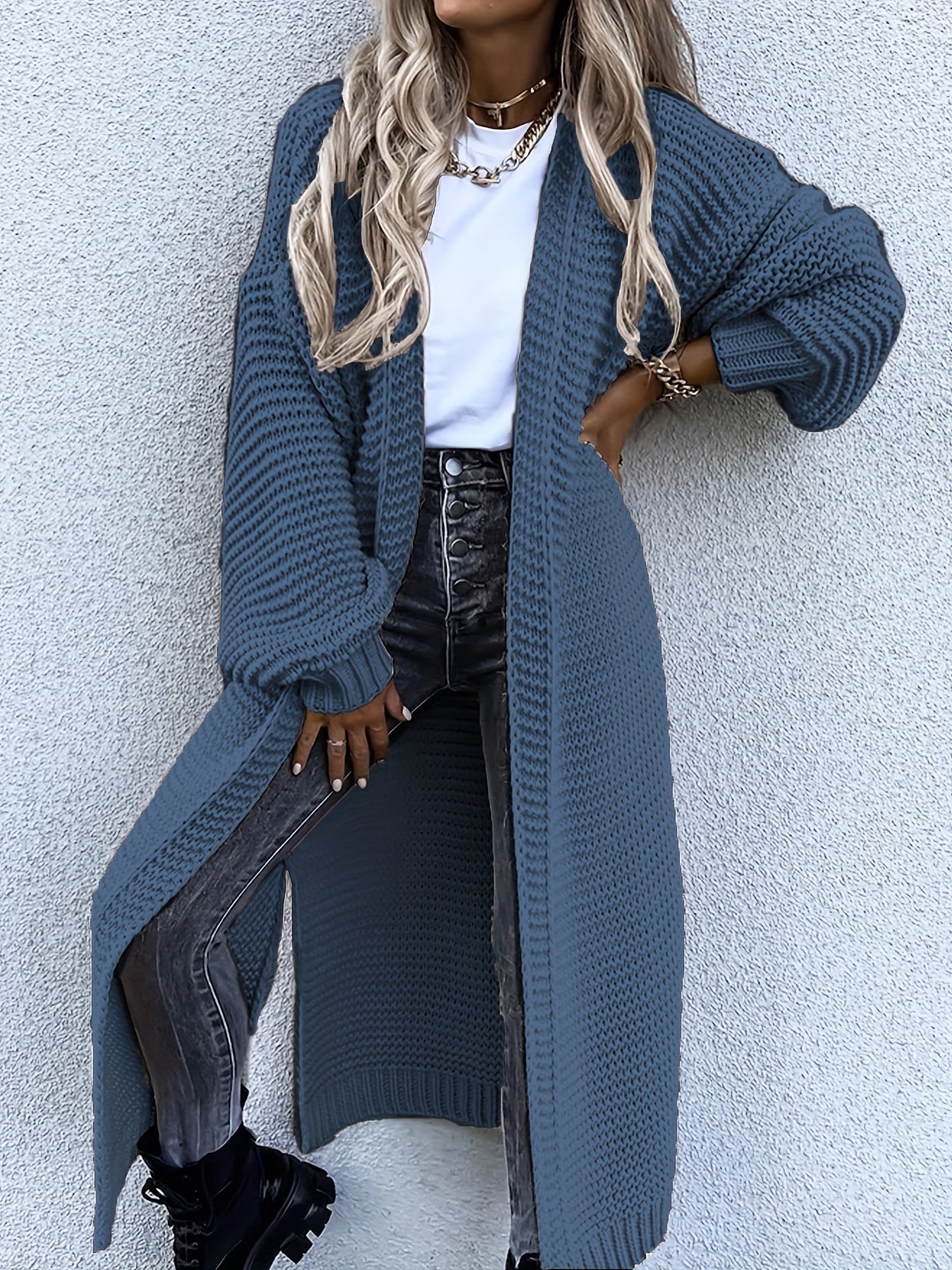 Antmvs Solid Open Front Side Split Cardigan, Casual Long Sleeve Cardigan For Spring & Fall, Women's Clothing