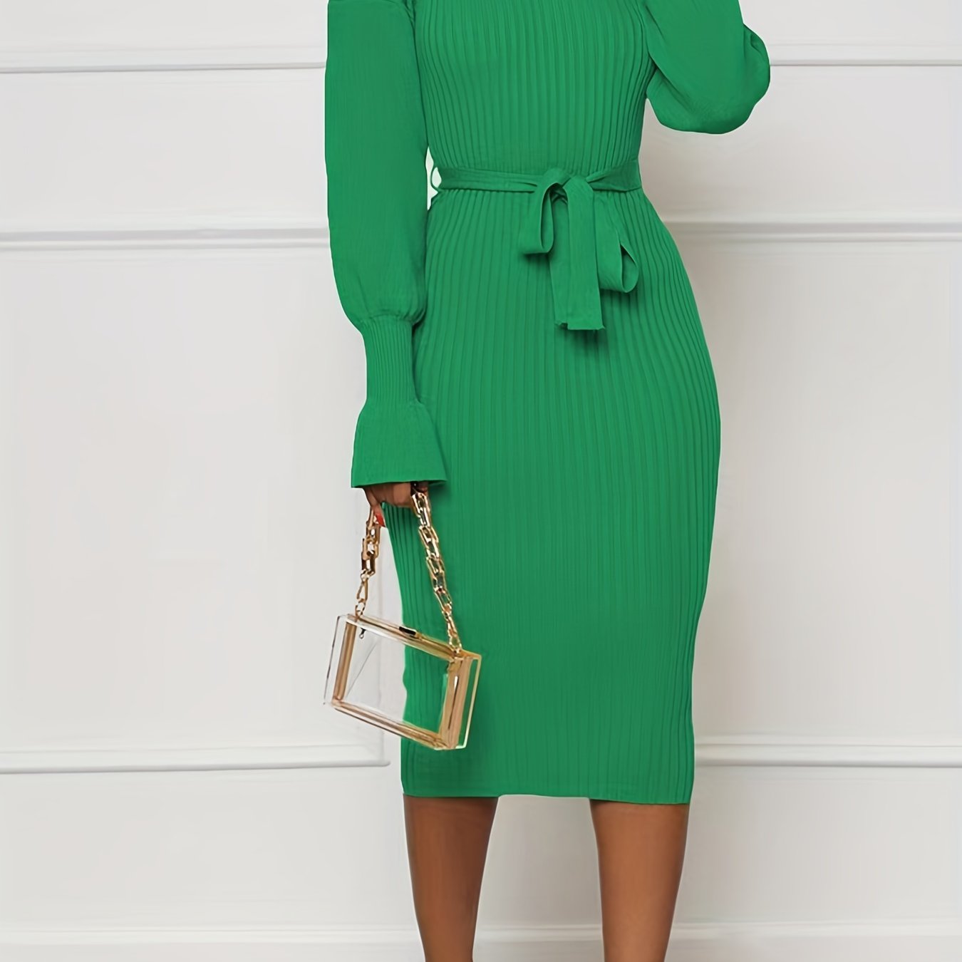 Antmvs Solid Turtleneck Dress, Elegant Long Sleeve Bodycon Midi Dress, Women's Clothing
