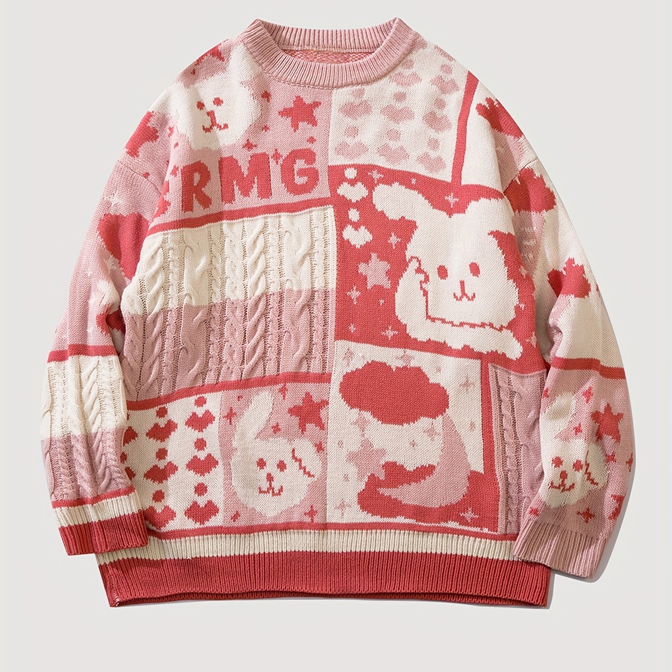 Antmvs Cartoon Rabbit Pattern Knitted Sweater, Men's Casual Warm Slightly Stretch Round Neck Pullover Sweater For Fall Winter