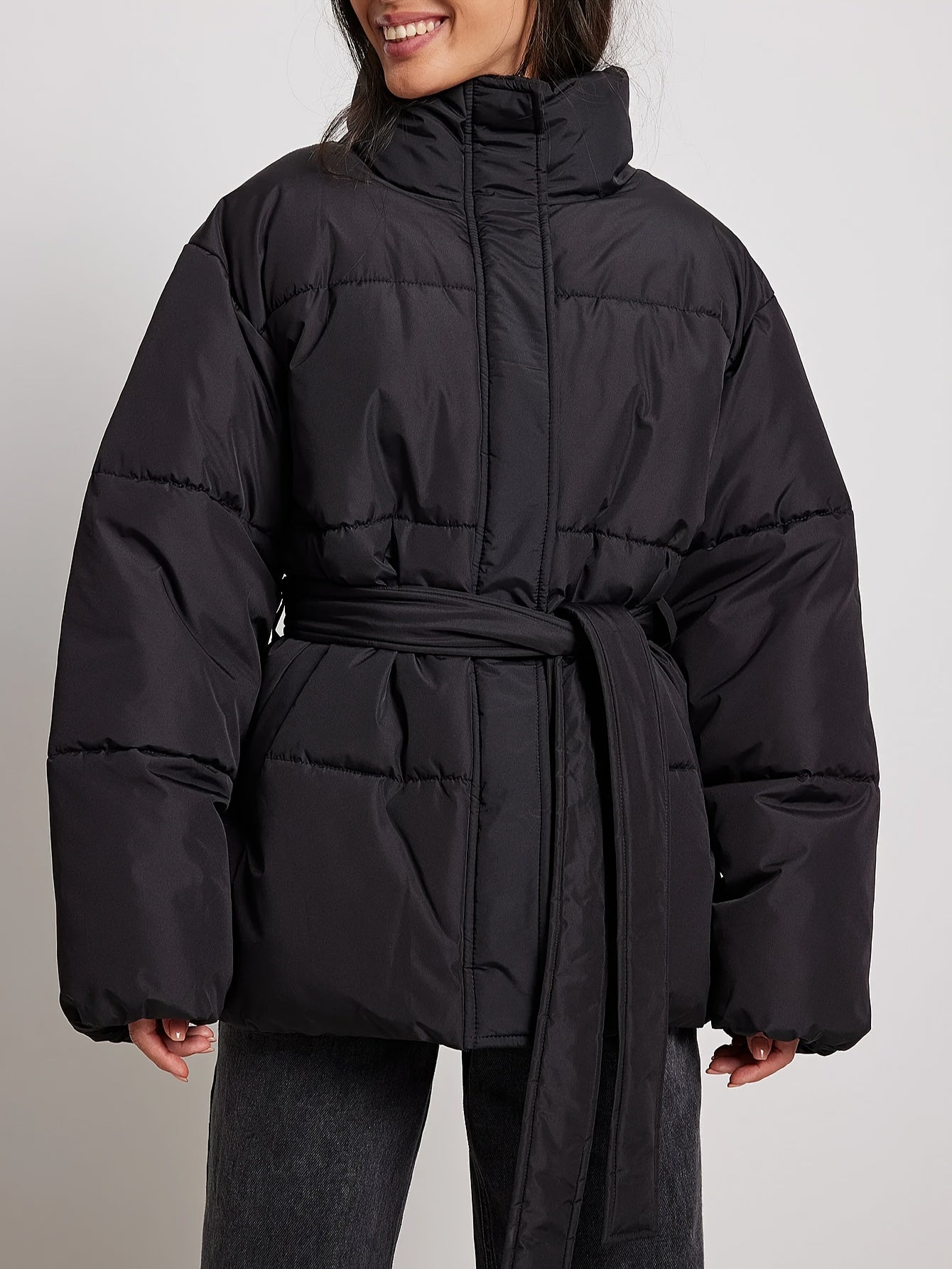 Antmvs Solid Zip & Button Front Coat, Casual Stand Collar Long Sleeve Winter Warm Outerwear, Women's Clothing