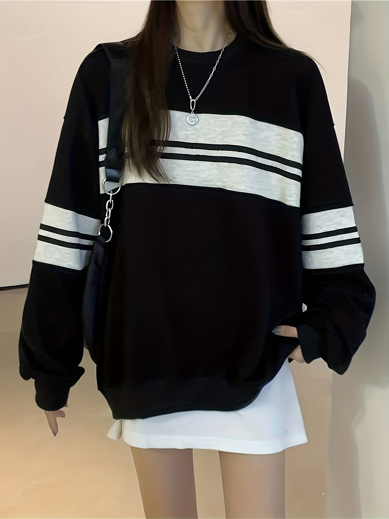 Antmvs Striped Crew Neck Sweatshirt, Casual Long Sleeve Drop Shoulder Sweatshirt, Women's Clothing