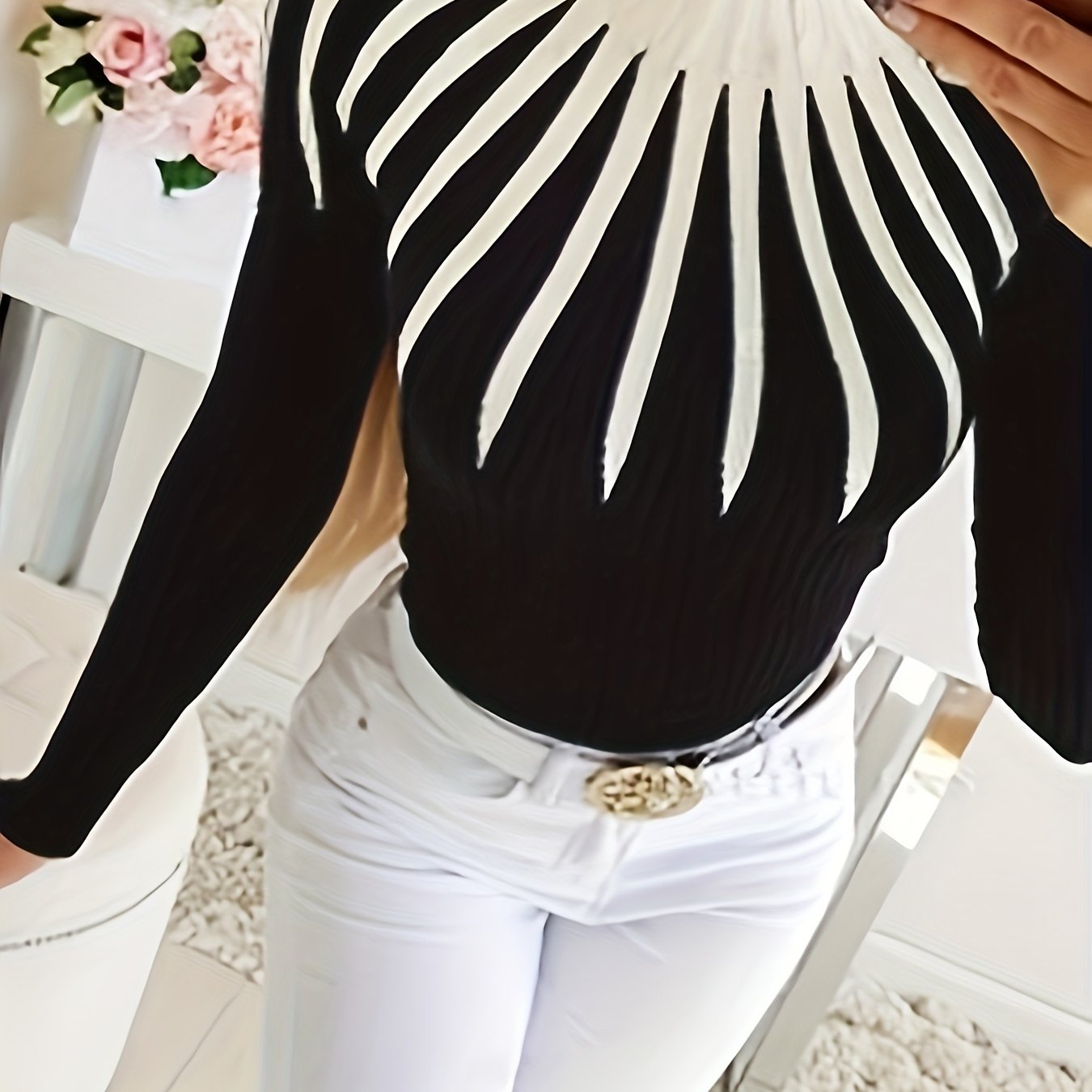 Antmvs Graphic Pattern Mock Neck Pullover Sweater, Casual Long Sleeve Slim Sweater, Women's Clothing