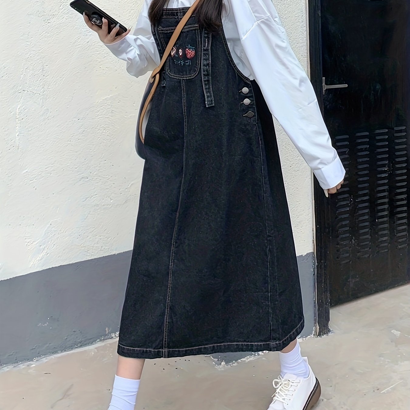 Antmvs Blue Loose Fit Denim Overall Dress, Non-Stretch Side Single Breasted Button Cute Denim Overall Dress, Women's Denim Clothing