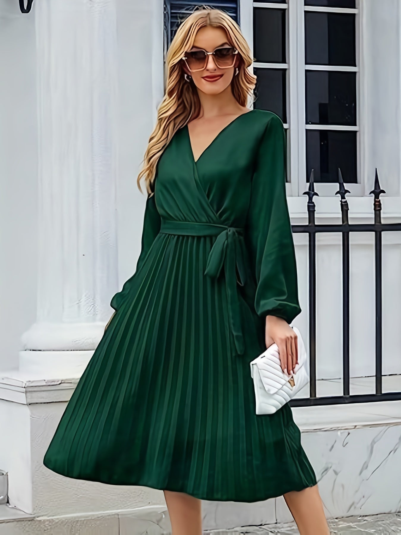 Antmvs Surplice Neck Pleated Dress, Elegant Long Sleeve Dress For Spring & Fall, Women's Clothing
