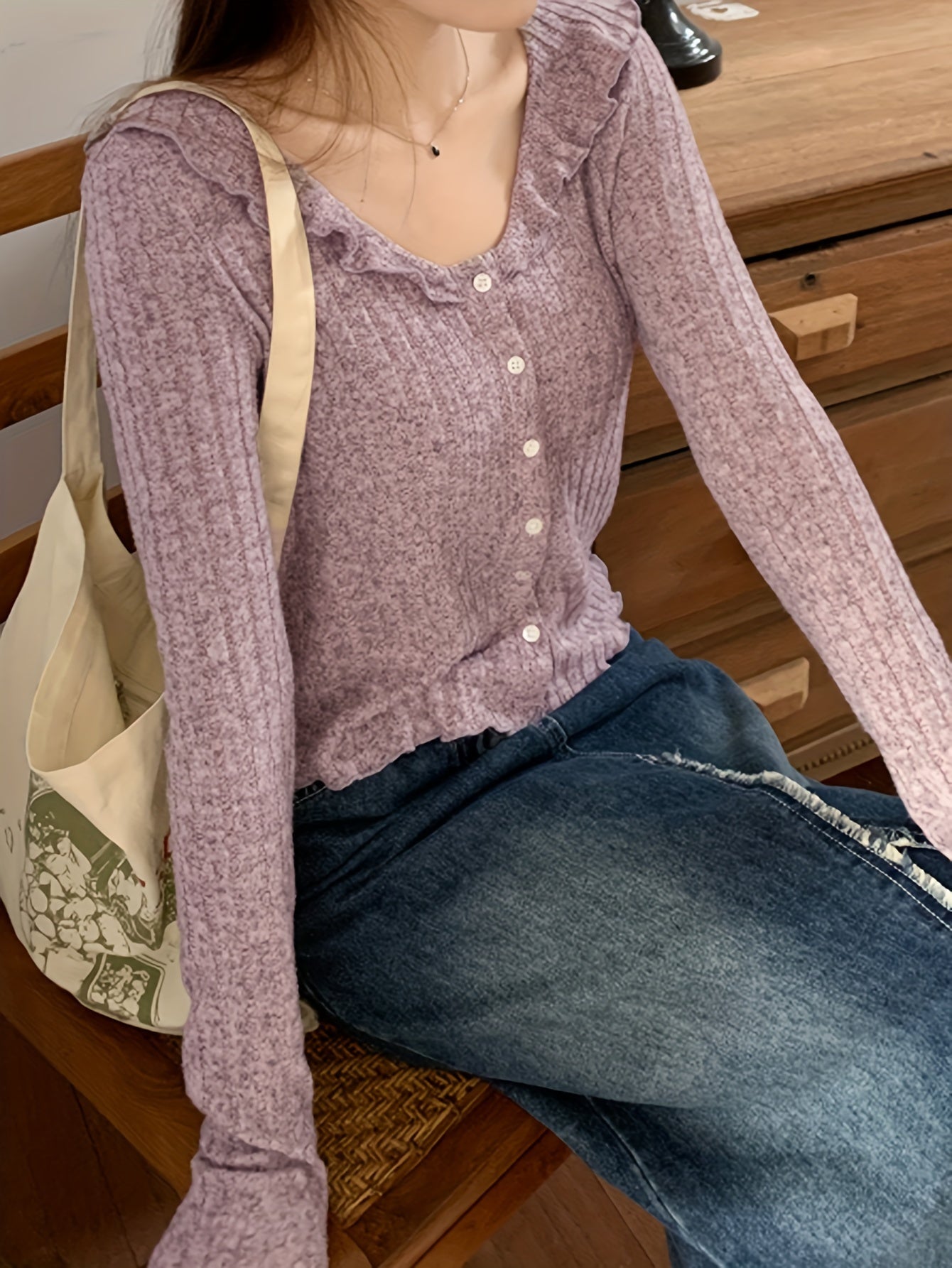 Antmvs Solid Button Down Slim Knit Cardigan, Casual Collared Lettuce Trim Long Sleeve Thin Top, Women's Clothing