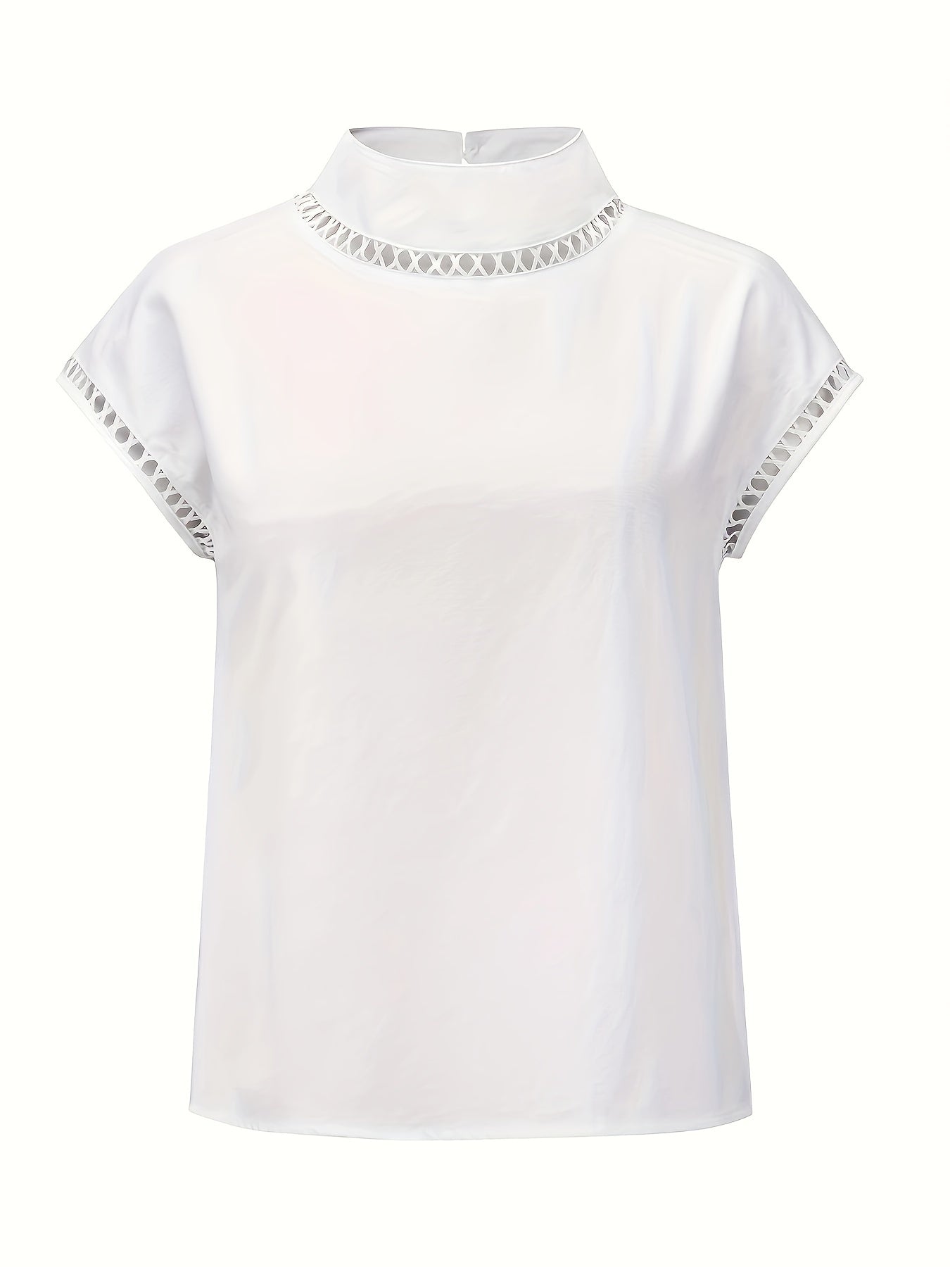 Antmvs Solid Cut Out Blouse, Casual Stand Collar Short Sleeve Simple Blouse, Women's Clothing