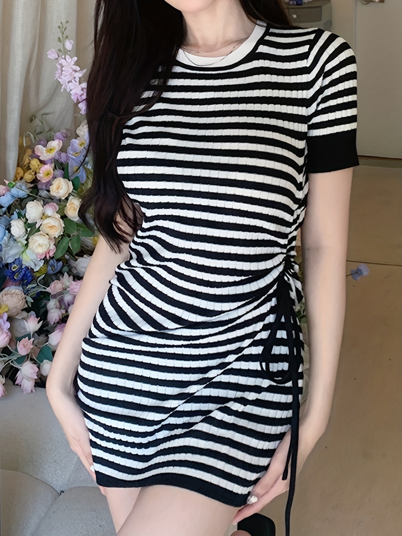 Antmvs Striped Bodycon Dress, Casual Cute Crew Neck Short Sleeve Bag Hip Drawstring Dress, Women's Clothing