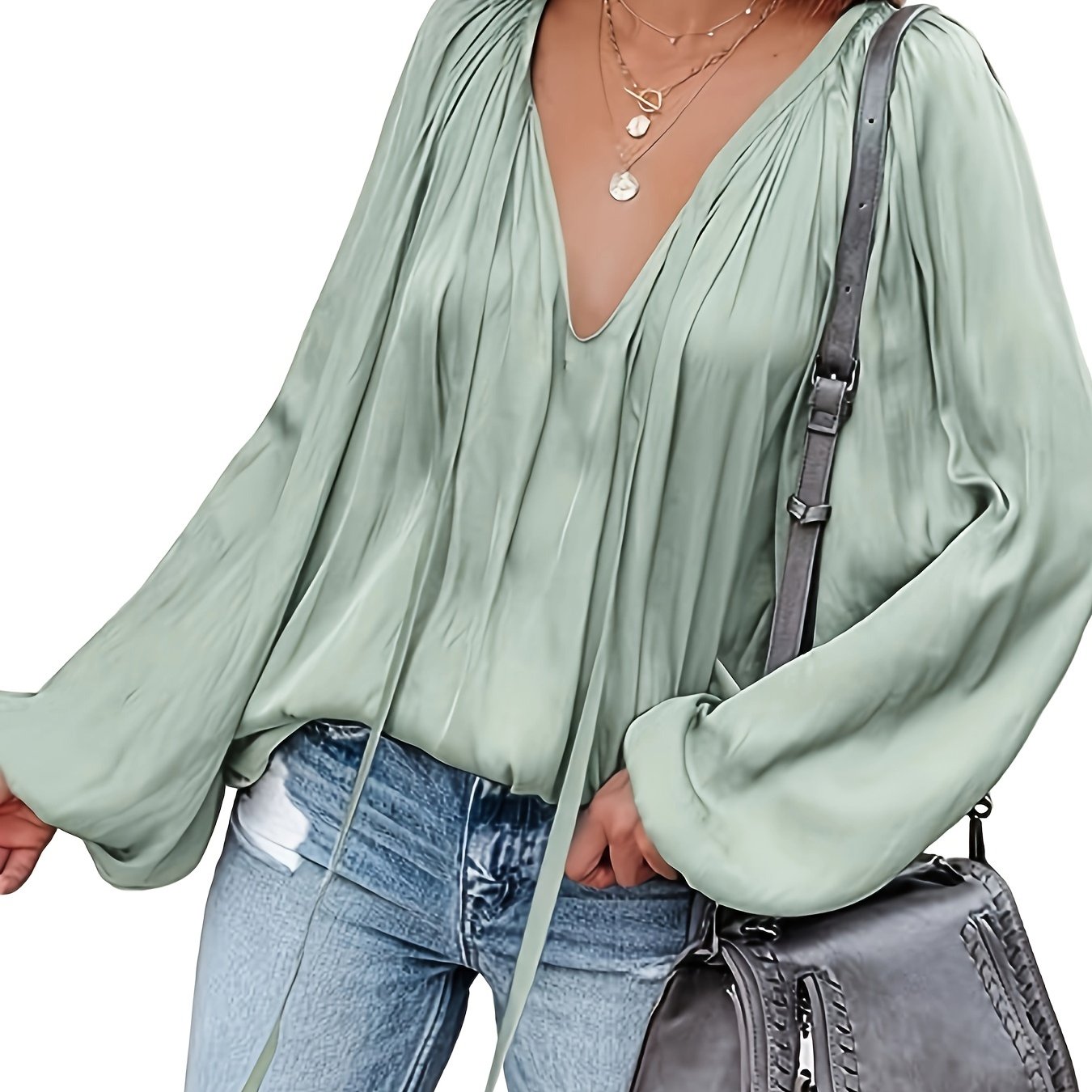 Antmvs Lantern Long Sleeve Satin Blouse, Elegant V Neck Tops For Spring & Summer, Women's Clothing