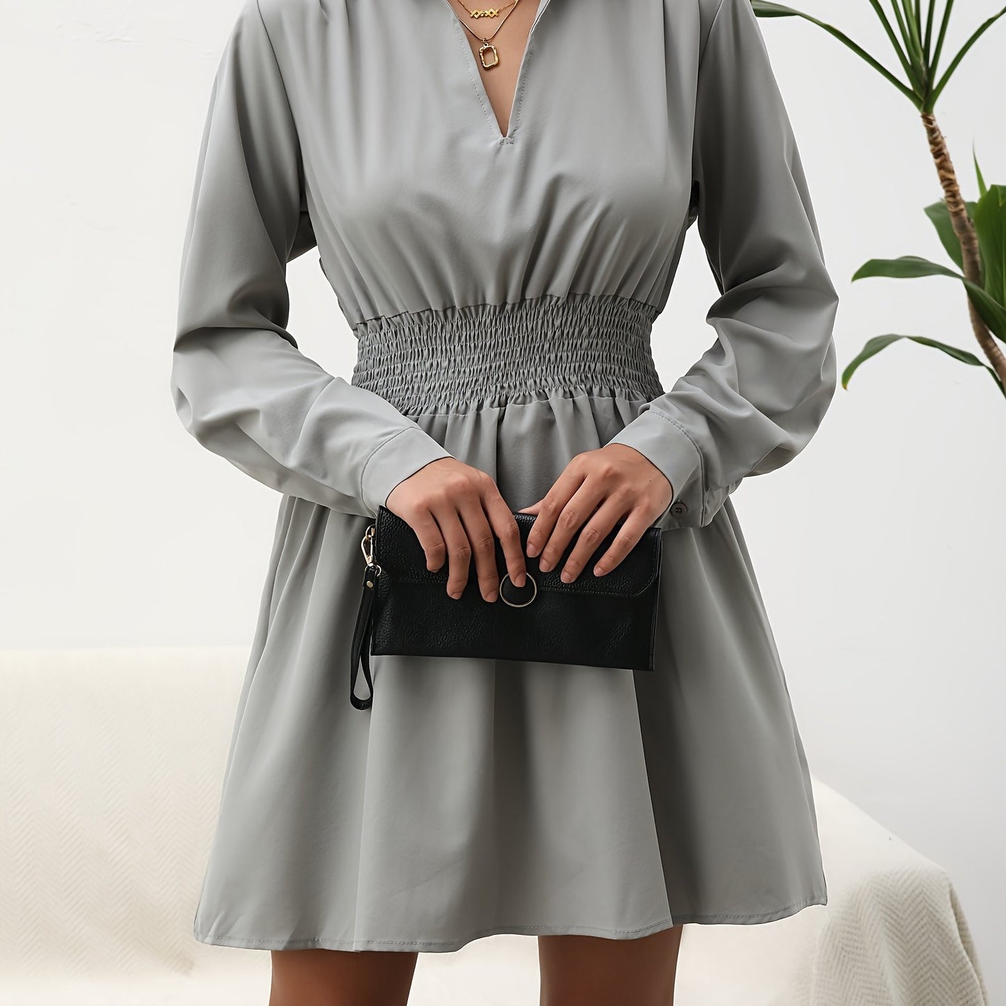 Antmvs Solid V Neck Shirred Waist Dress, Casual Long Sleeve Lapel Dress, Women's Clothing
