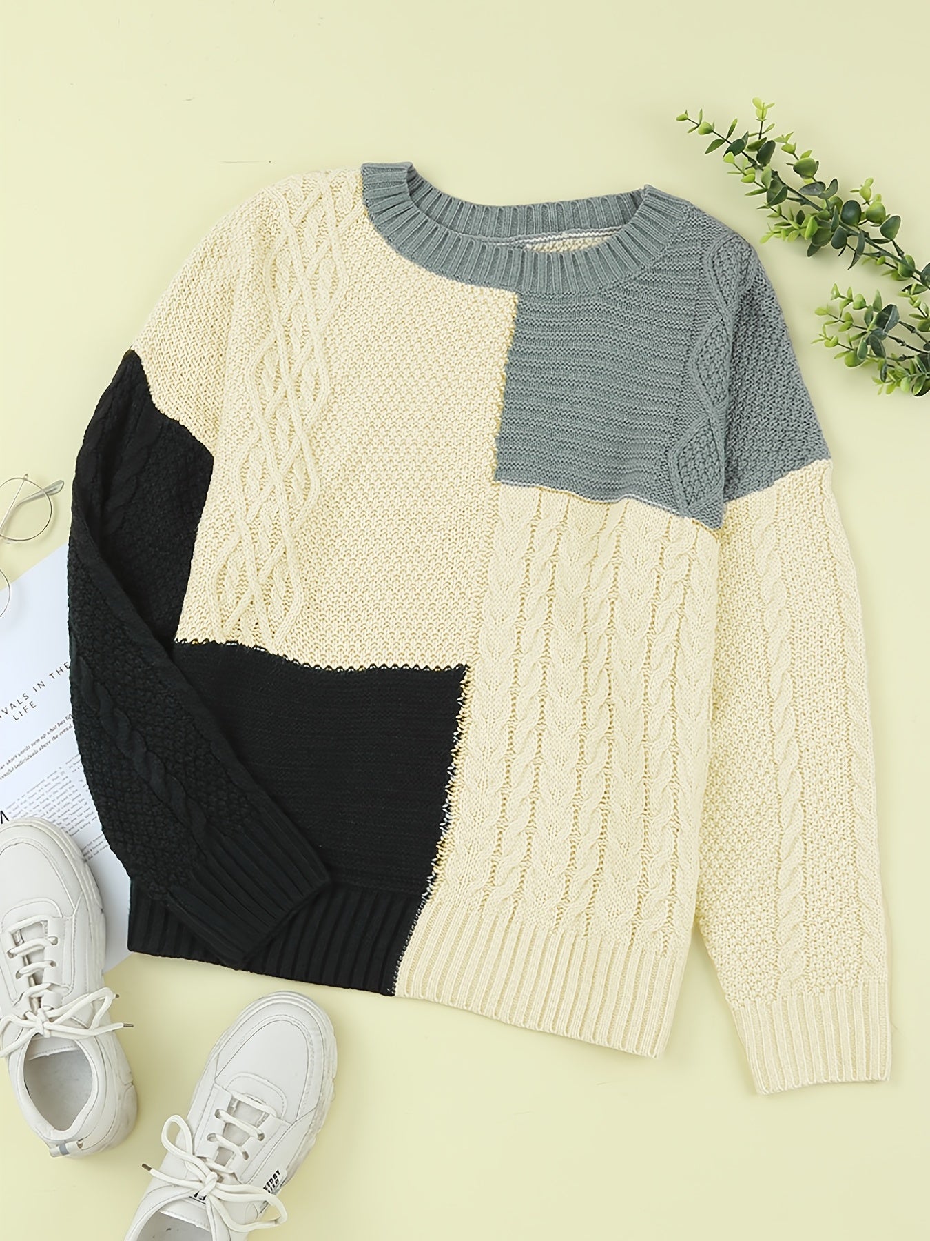 Antmvs Color Block Drop Shoulder Sweater, Loose Long Sleeve Knit Pullover, Women's Clothing