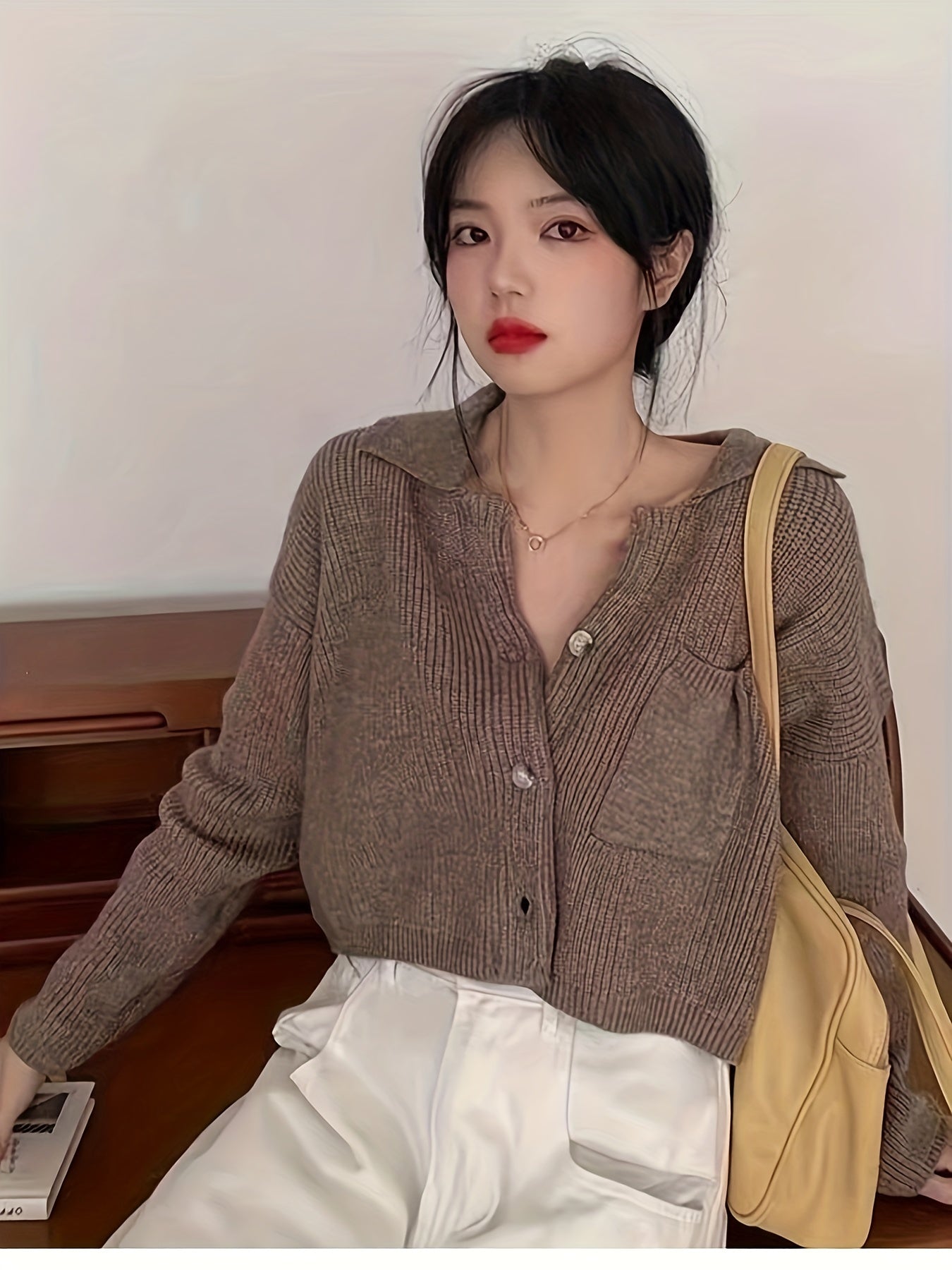 Antmvs Solid Turndown Collar Knit Cardigan, Vintage Button Front Long Sleeve Crop Sweater, Women's Clothing