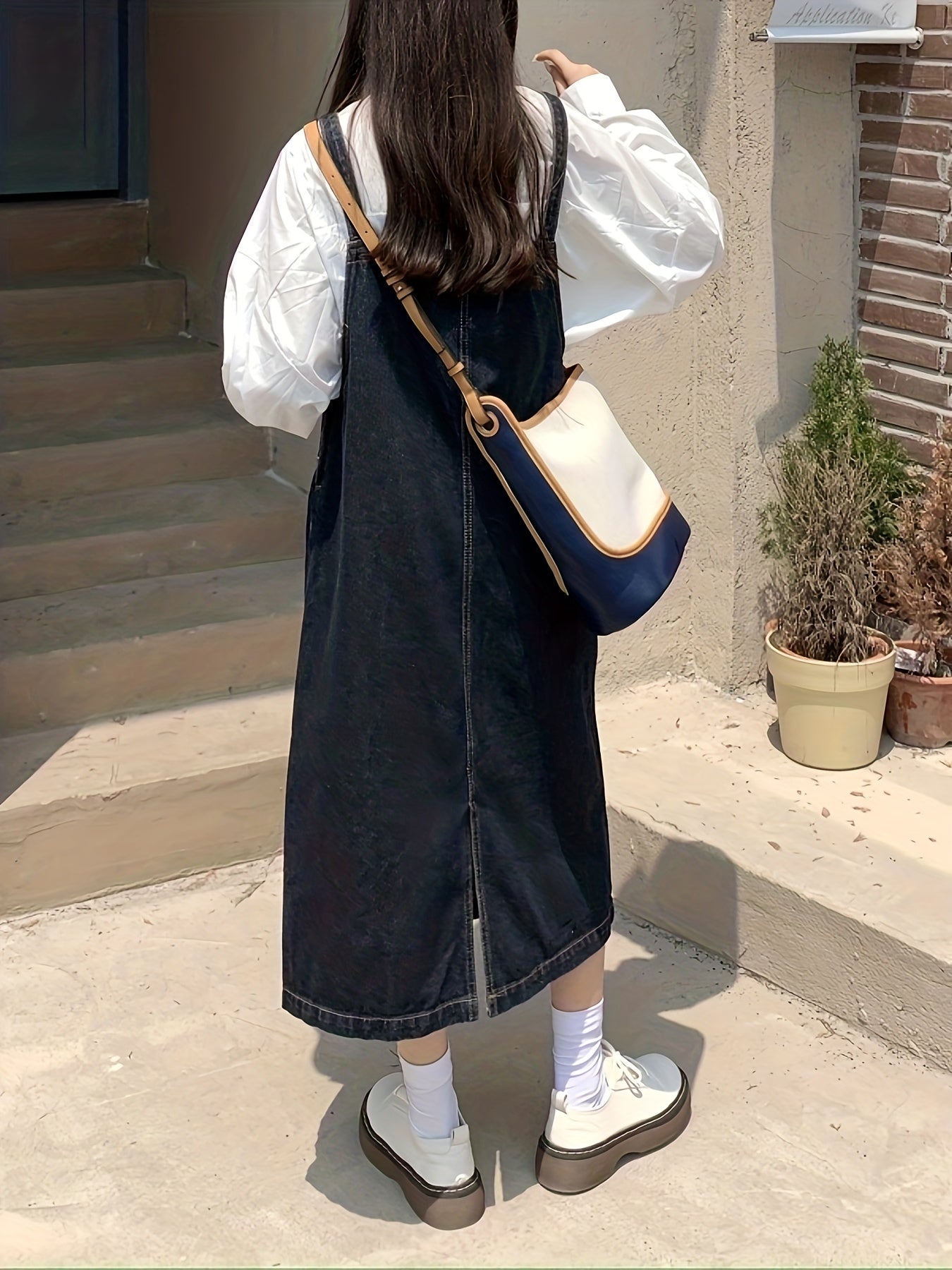 Antmvs Blue Loose Fit Denim Overall Dress, Non-Stretch Side Single Breasted Button Cute Denim Overall Dress, Women's Denim Clothing