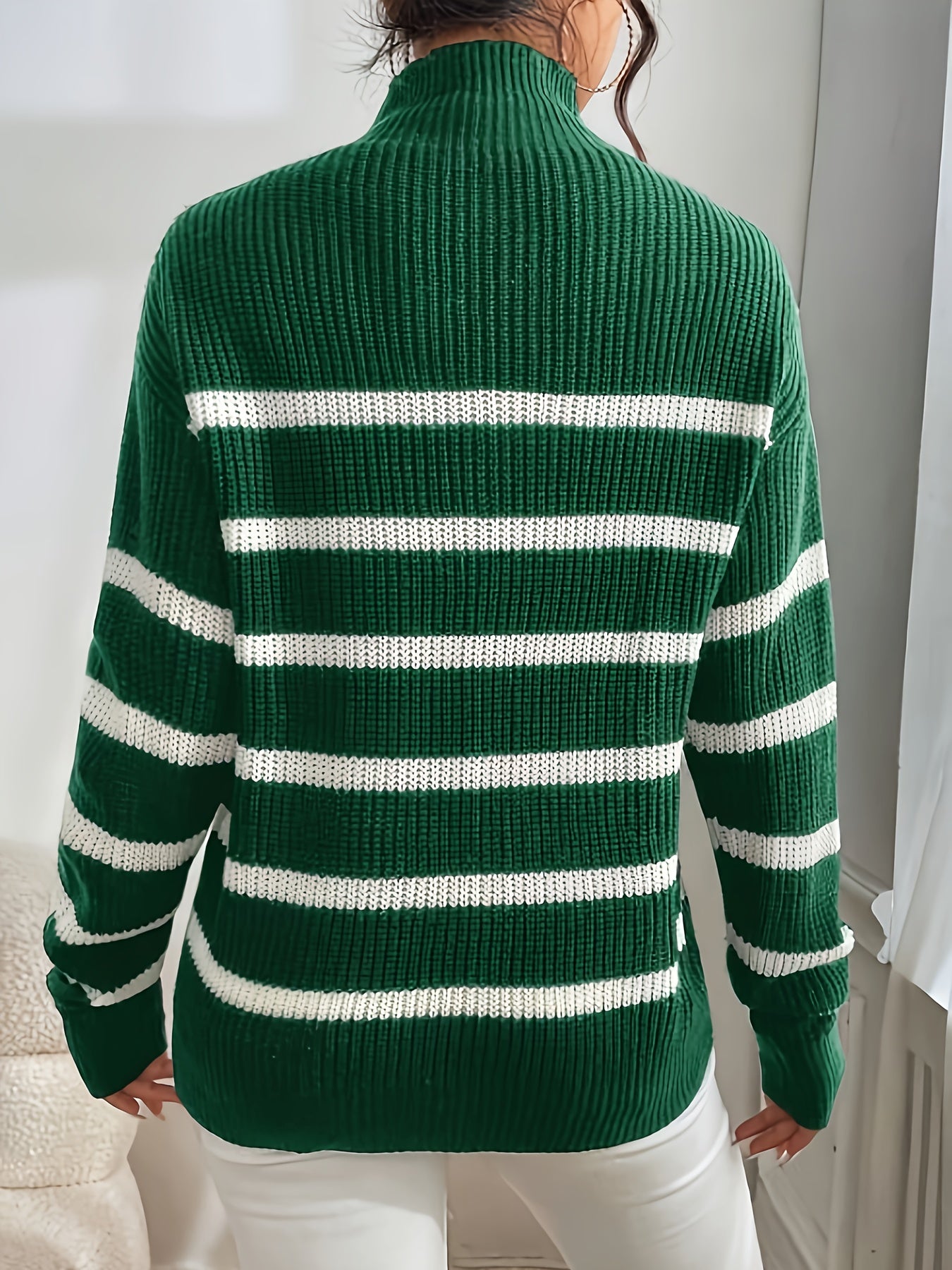 Antmvs Striped Turtle Neck Pullover Sweater, Casual Long Sleeve Sweater, Women's Clothing
