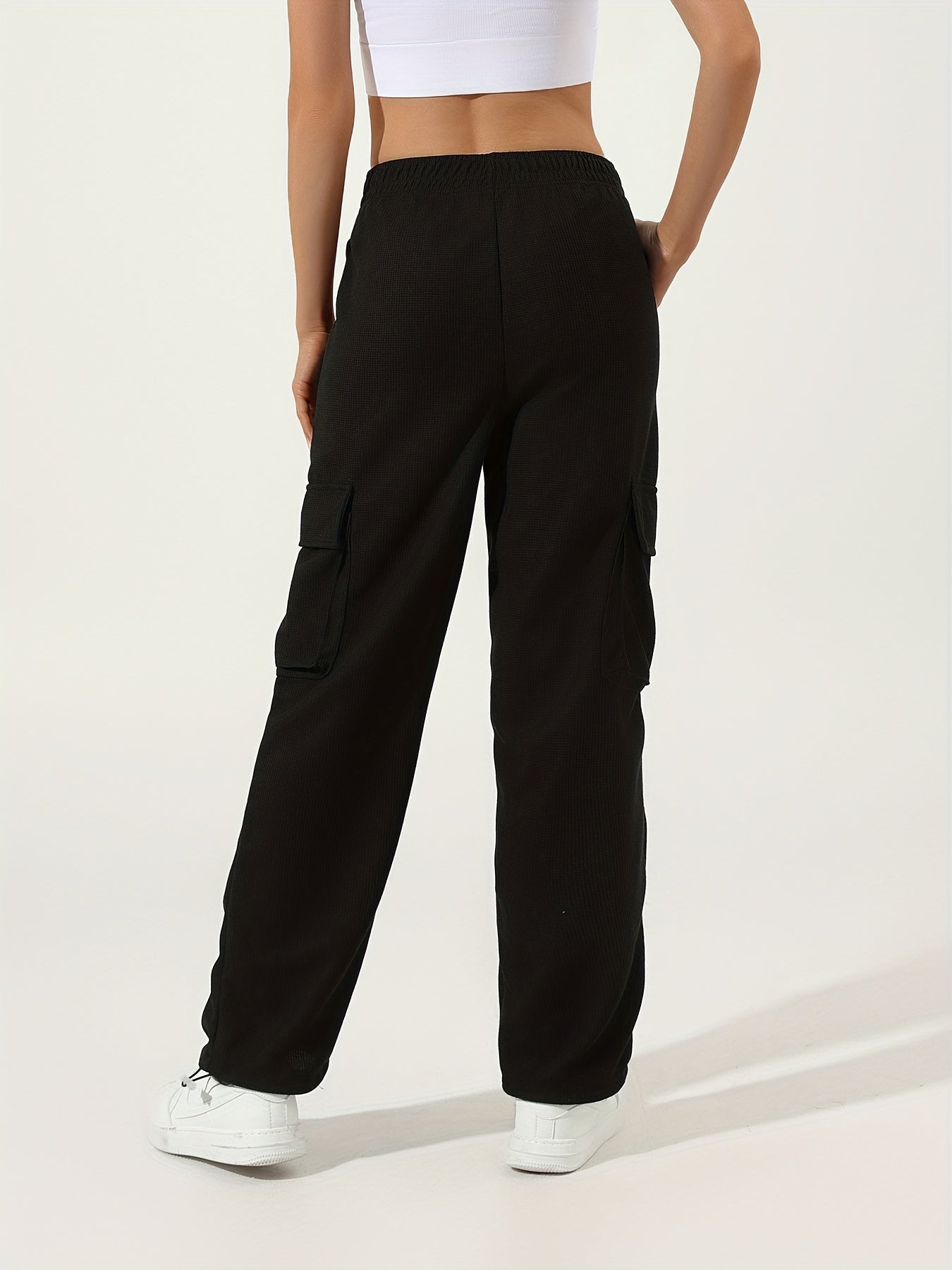 Antmvs Waffle Casual Sports Elastic Waist Sweatpants, Multi-pocket High Waist Solid Color Joggers Pants, Women's Athleisure