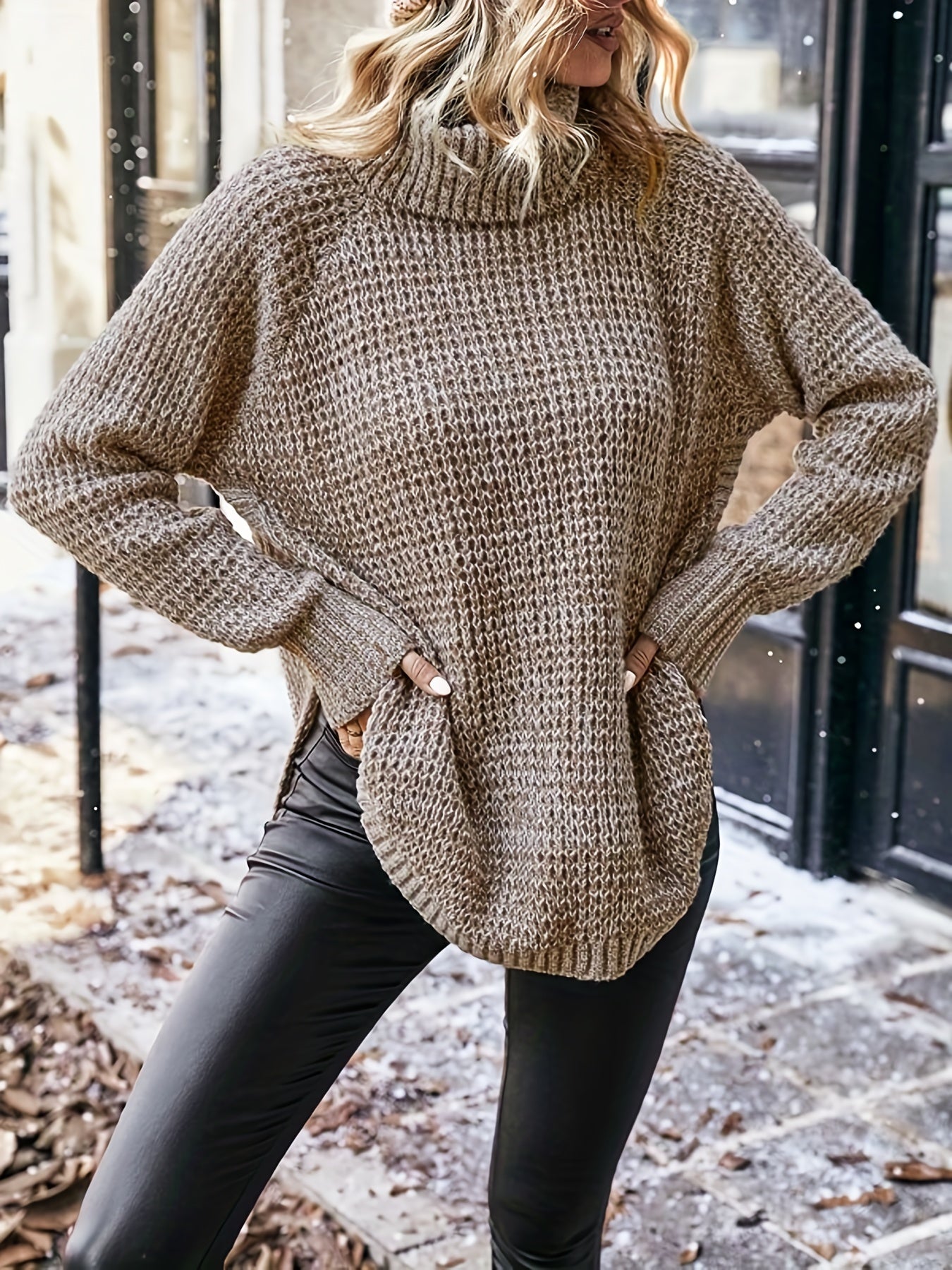 Antmvs Solid Turtle Neck Pullover Sweater, Casual Long Sleeve Raglan Shoulder Sweater For Fall & Winter, Women's Clothing