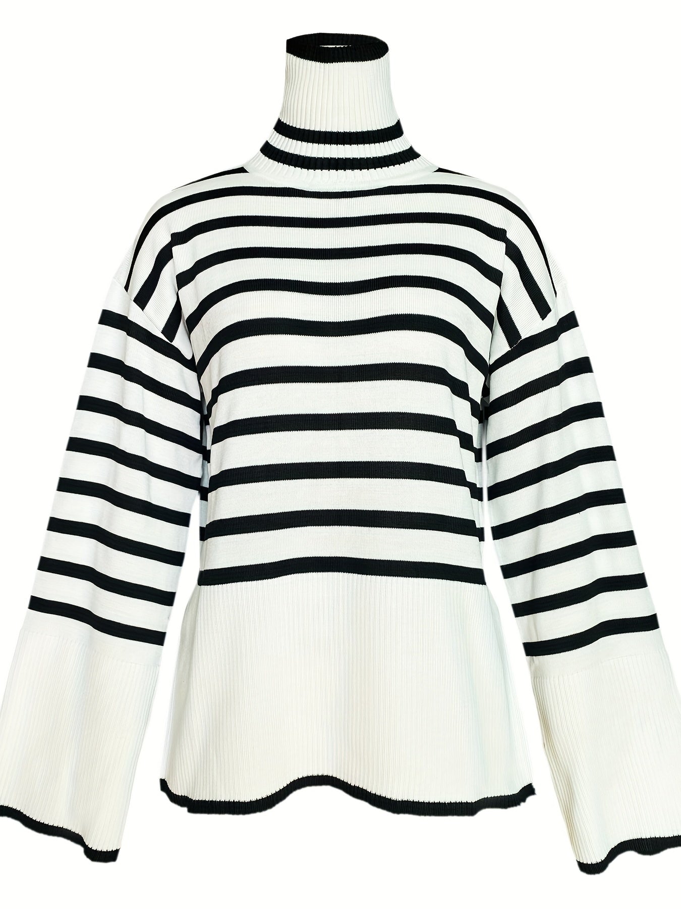 Antmvs Plus Size Y2K Sweater, Women's Plus Striped Long Sleeve Turtle Neck Drop Shoulder Loose Pullover Top