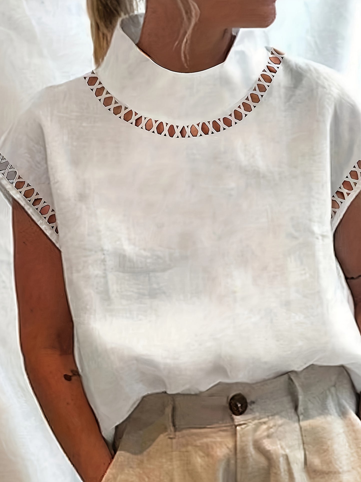 Antmvs Solid Cut Out Blouse, Casual Stand Collar Short Sleeve Simple Blouse, Women's Clothing