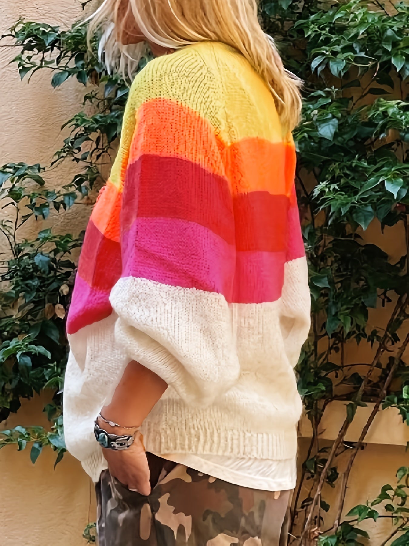 Antmvs Plus Size Casual Sweater, Women's Plus Colorblock Stripe Print Lantern Sleeve V Neck Jumper
