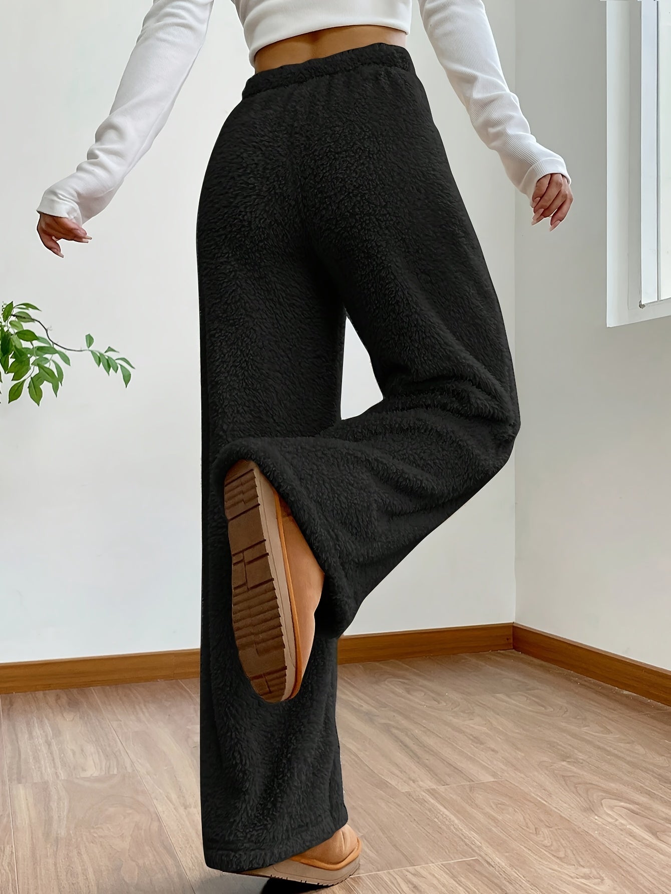 Antmvs Solid Color Teddy Bear Pants, Casual Drawstring Wide Leg Loose Pants, Women's Clothing
