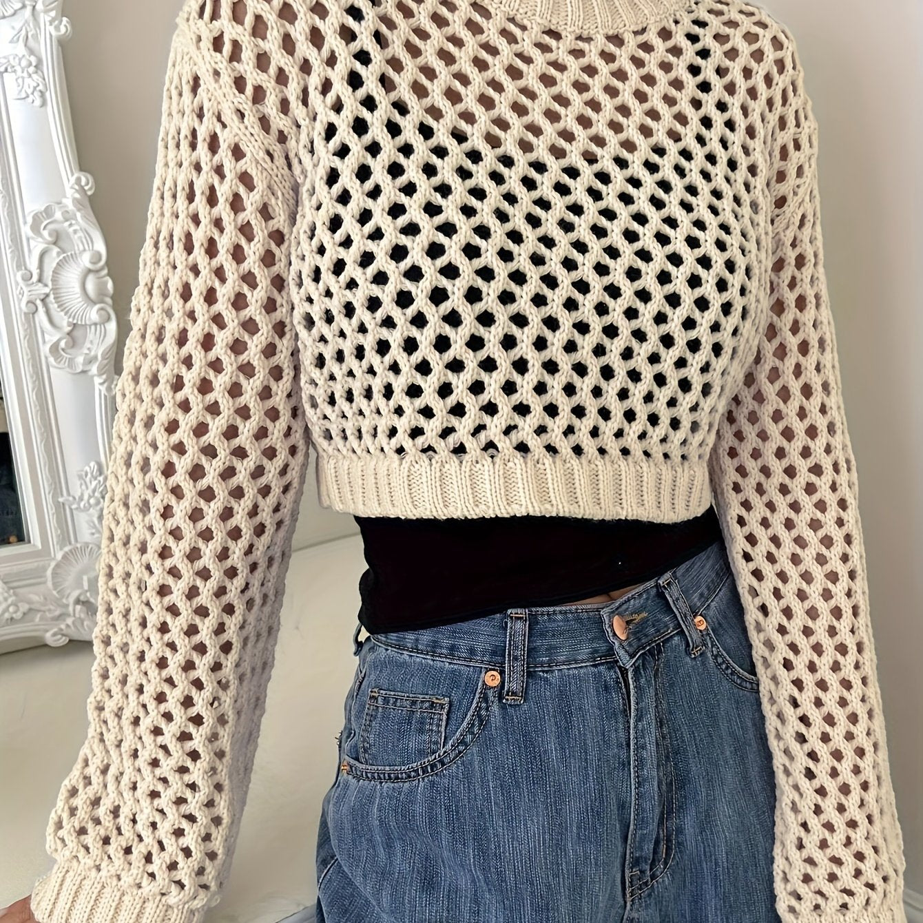 Antmvs Solid Hollow Out Crochet Coverup, Elegant Long Sleeve Crop Top For Spring & Summer, Women's Clothing
