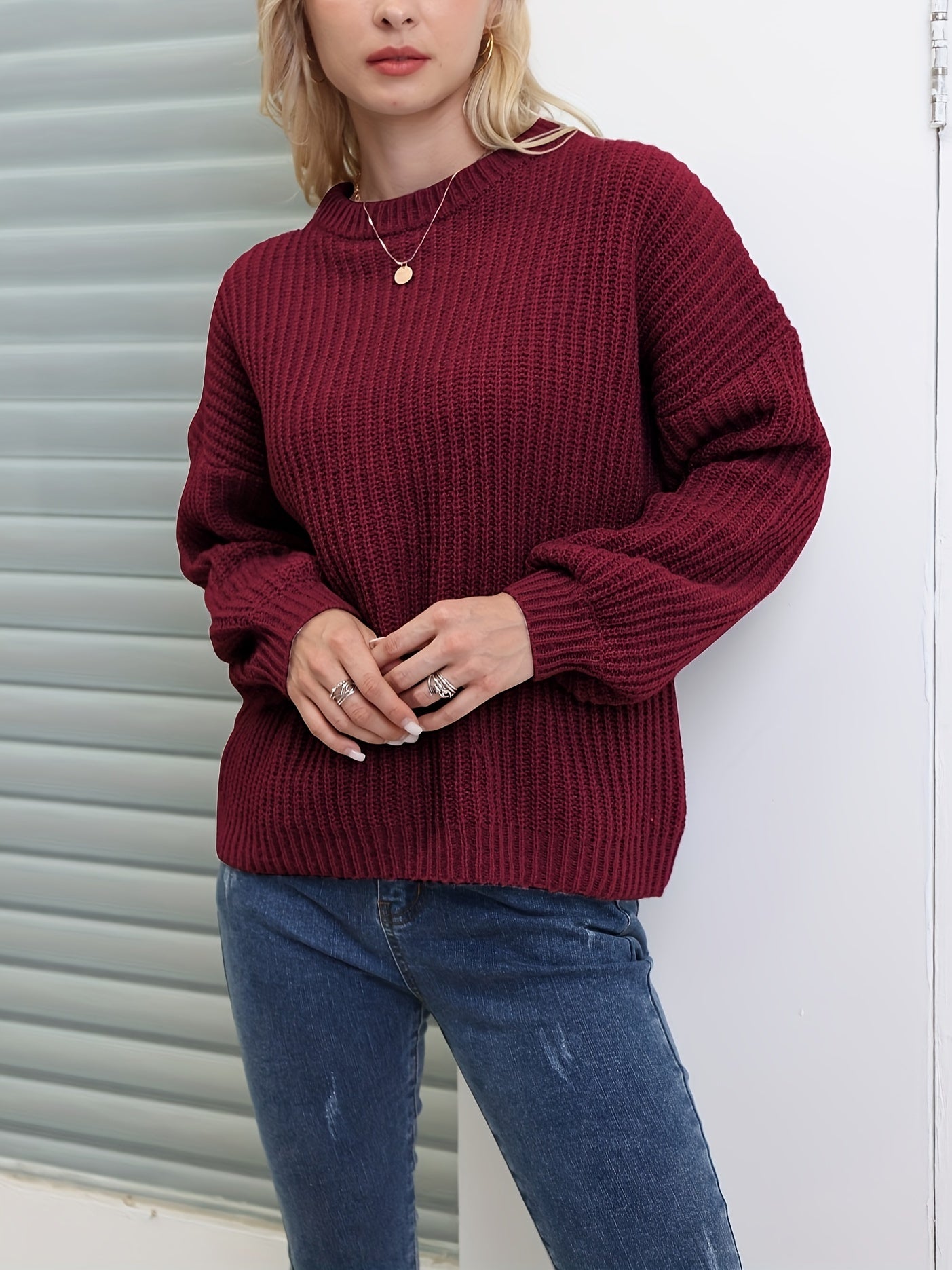 Antmvs Solid Versatile Knit Pullover Sweater, Casual Crew Neck Drop Shoulder Long Sleeve Sweater, Women's Clothing