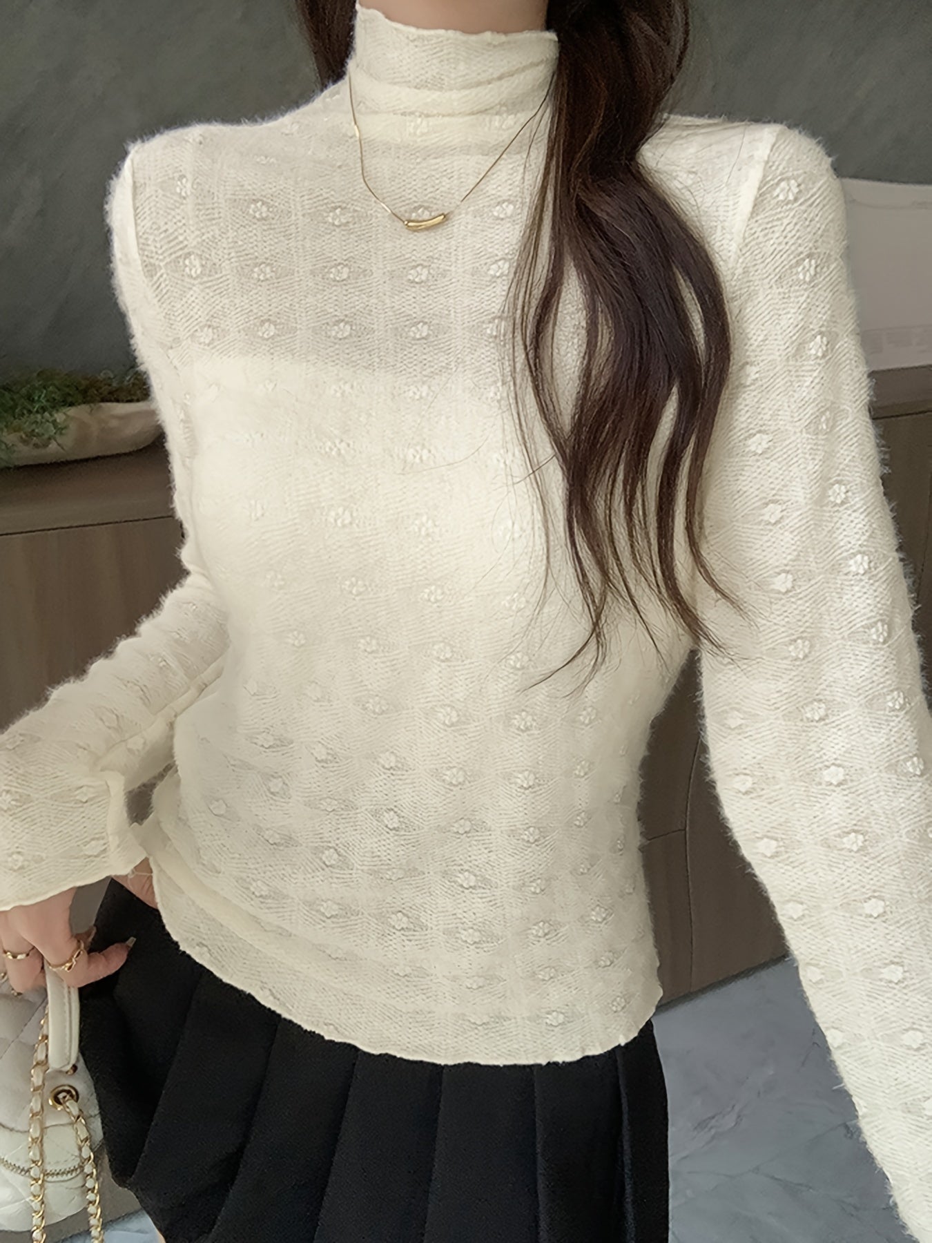 Antmvs Solid Color Mock Neck T-Shirt, Casual Long Sleeve T-Shirt For Spring & Fall, Women's Clothing