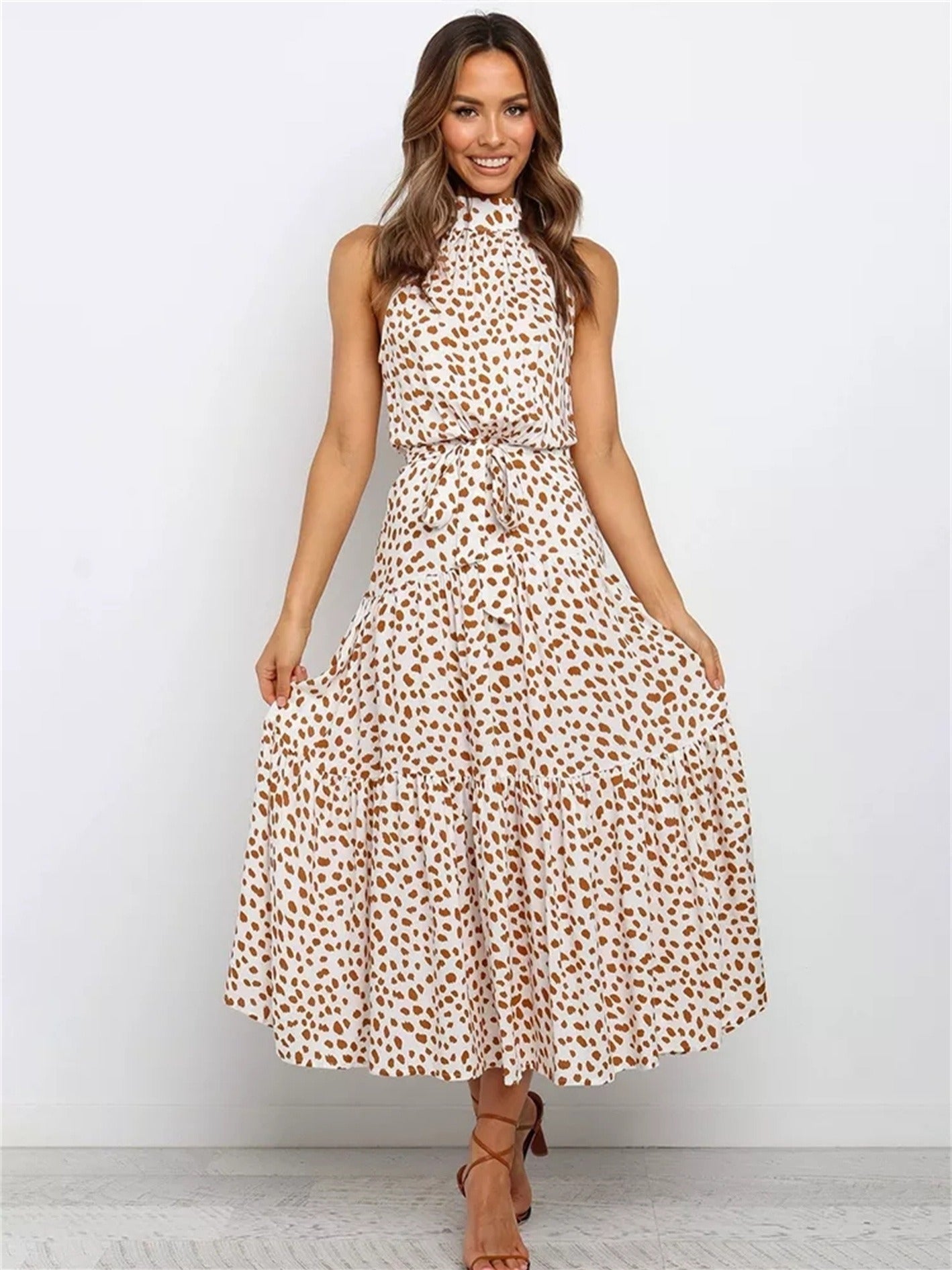 Antmvs Women's Dreses Halter Strapless Neck Floral Print Summer Vacation Dresses