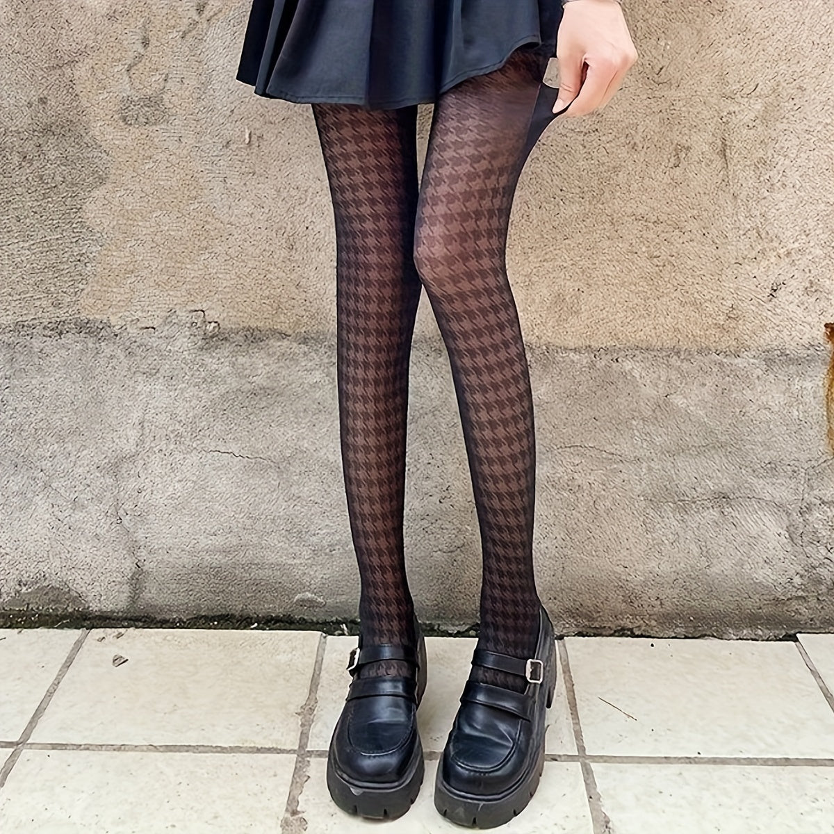 Antmvs Houndstooth Black Pantyhose, High Waist Semi-Sheer Footed Pantyhose, Women's Stockings & Hosiery