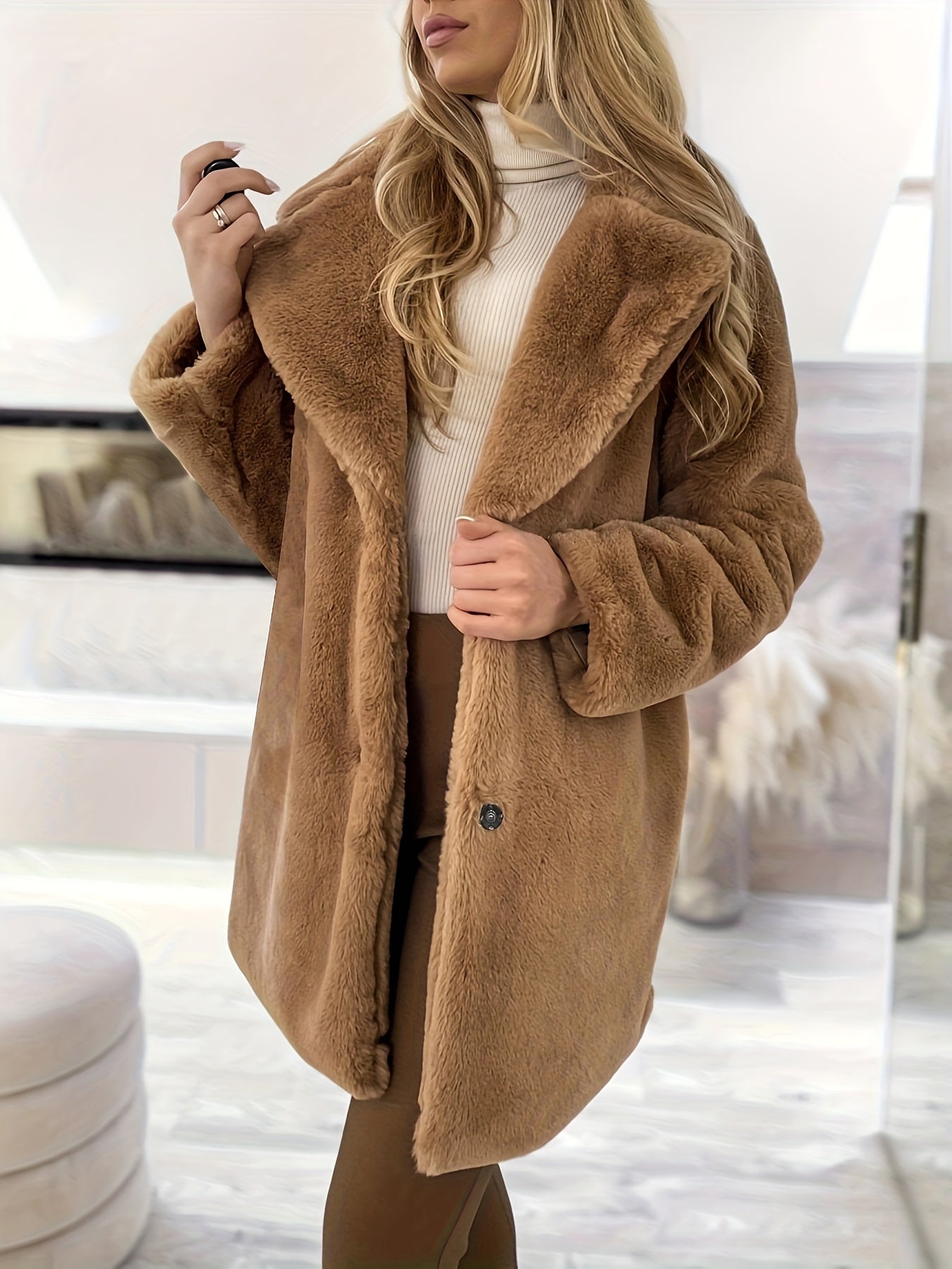 Antmvs Waterfall Collar Warm Coat, Casual Open Front Long Sleeve Winter Outerwear, Women's Clothing