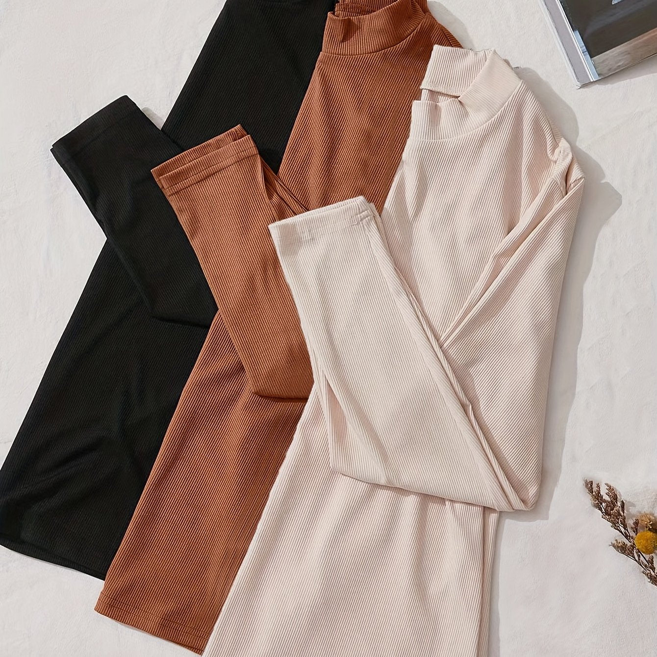 Antmvs 3 Pack Plus Size Basic Loungewear Top Set, Women's Plus Solid Ribbed Knit Long Sleeve Mock Neck Slim Fit Home Wear Top 3pcs Set