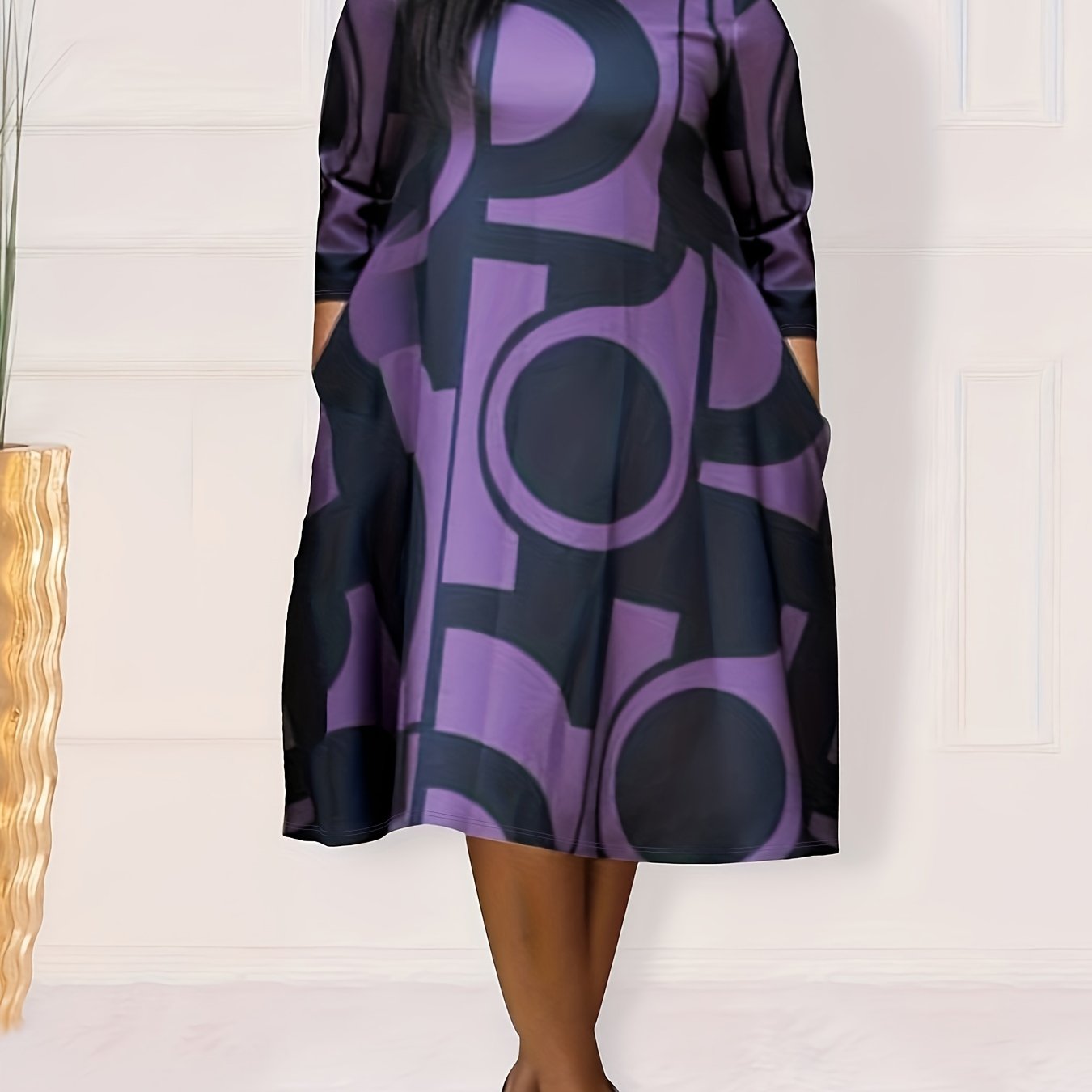 Antmvs Plus Size Elegant Dress, Women's Plus Geometric Print Half Sleeve Round Neck Loose Fit Dress