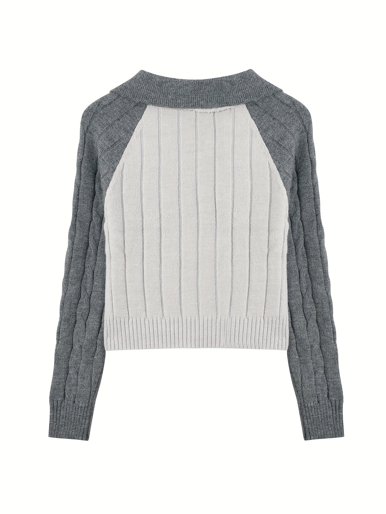 Antmvs Color Block Zip Up Cable Knit Cardigan, Casual Long Sleeve Slim Crop Sweater, Women's Clothing