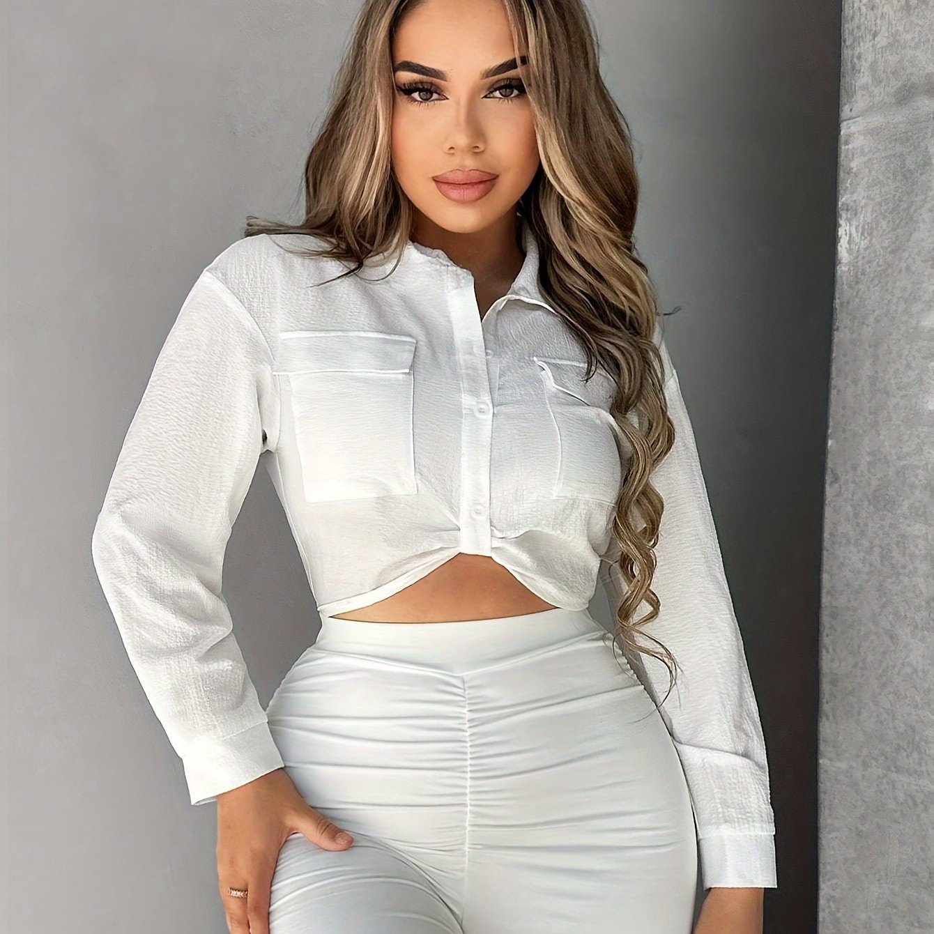 Antmvs Solid Button Front Shirt, Elegant Long Sleeve Crop Shirt, Women's Clothing