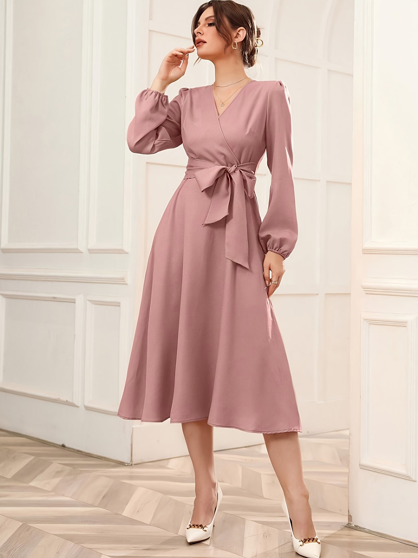 Antmvs Solid Surplice Neck Dress, Elegant Long Sleeve Belted Dress, Women's Clothing