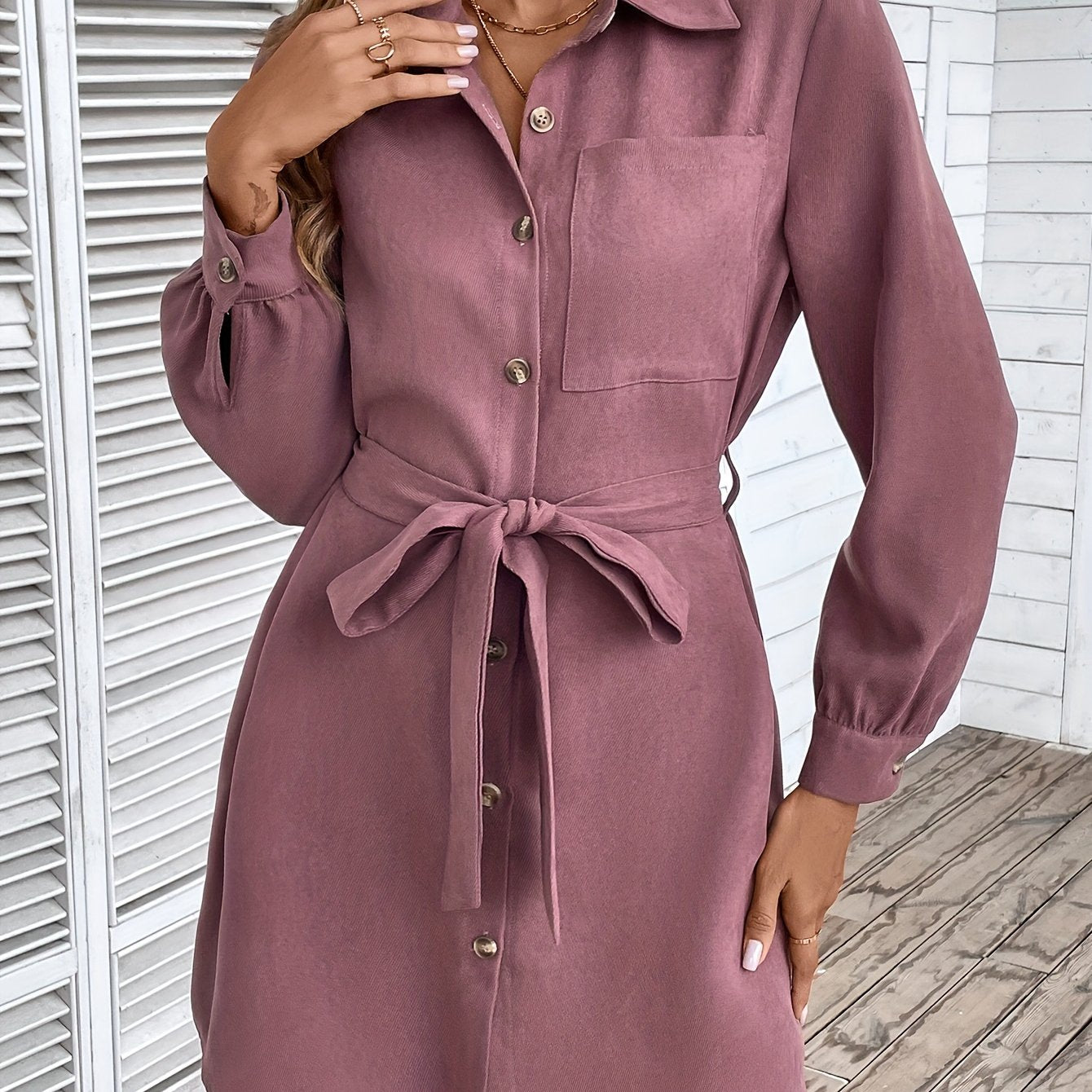 Antmvs Button Front Lantern Sleeve Dress, Casual Tie-waist Lapel Neck Dress For Spring & Fall, Women's Clothing
