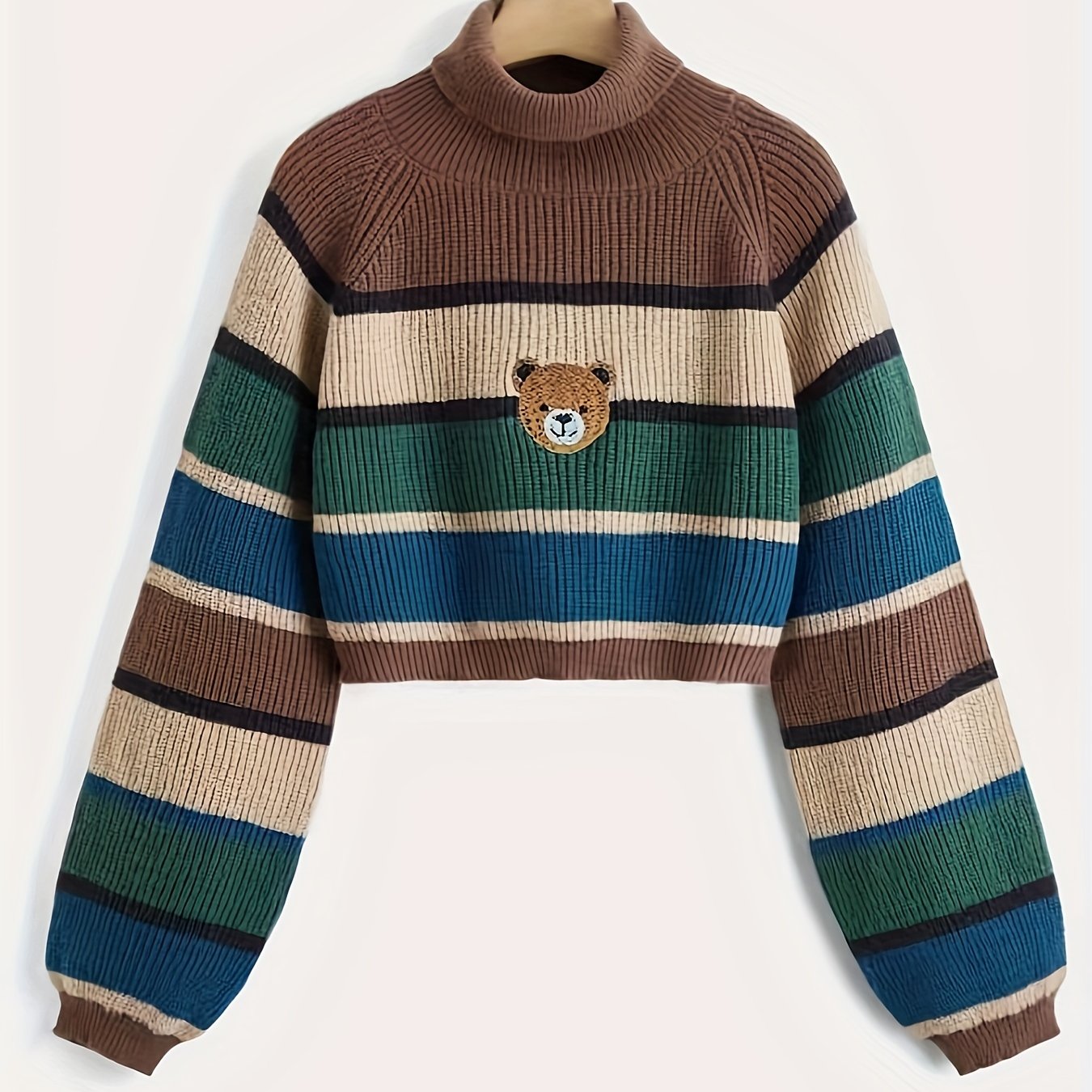 Antmvs Bear Pattern Striped Pullover Sweater, Cute Turtle Neck Long Sleeve Crop Sweater, Women's Clothing