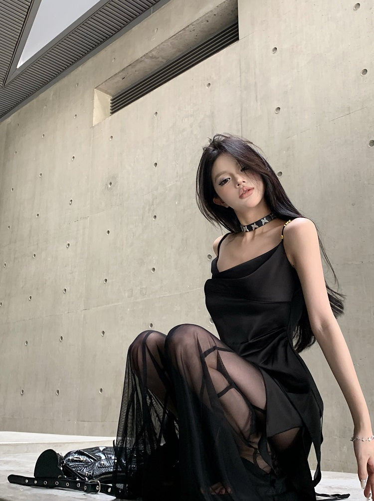 Antmvs Vienna Solid Color Black Spaghetti Strap Pleated Square Neck Asymmetrical Top + High Waist Patchwork Long Sheer Skirt Pants Matching Set