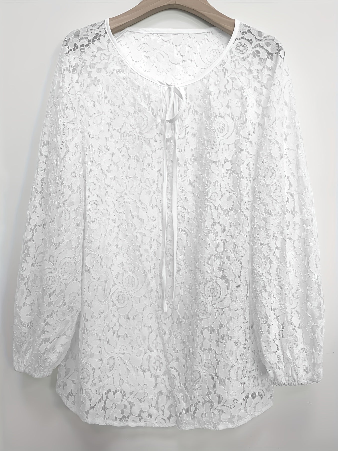 Antmvs Solid Contrast Lace Blouse, Elegant Tie Front Long Sleeve Blouse, Women's Clothing