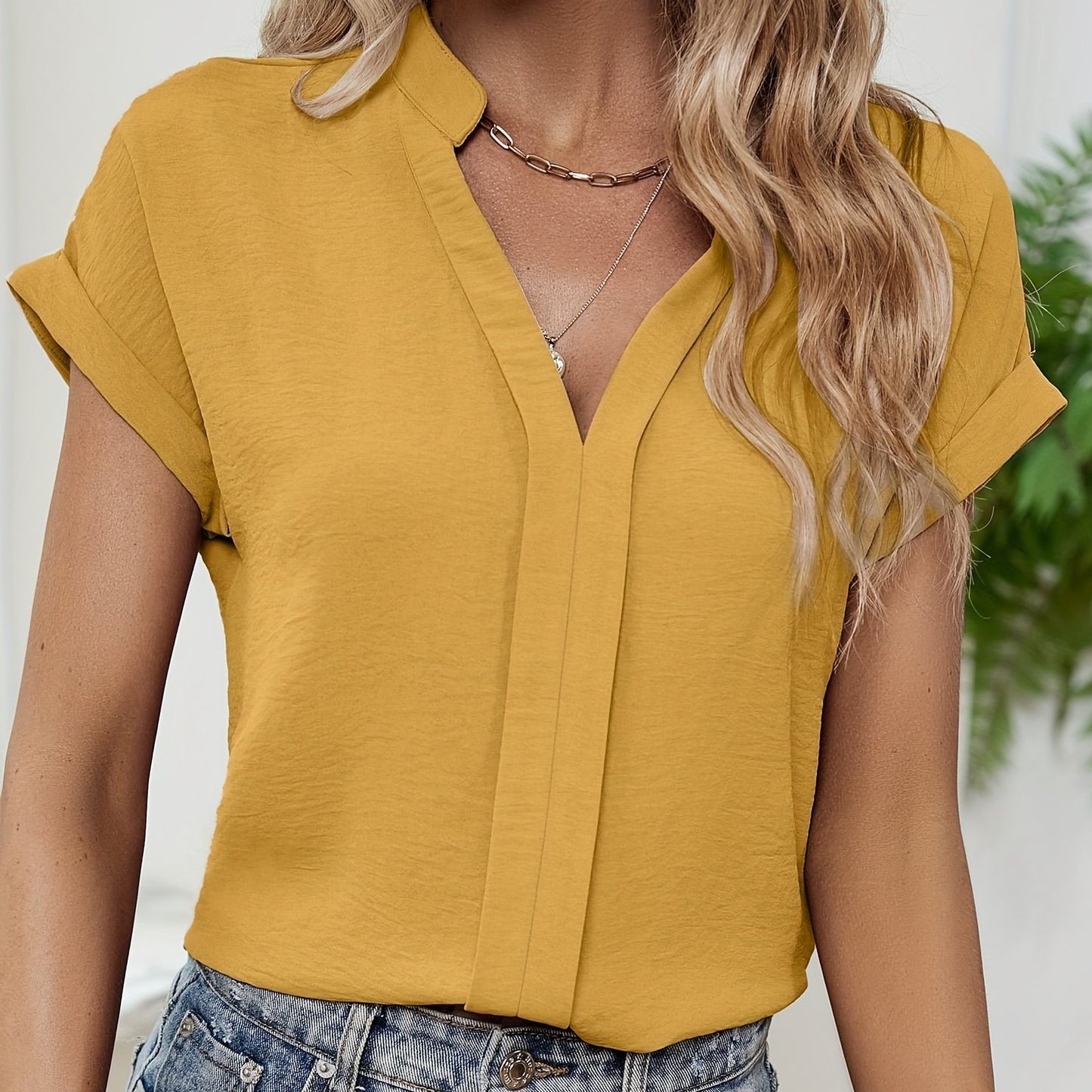 Antmvs Solid V Neck Blouse, Casual Short Sleeve Summer Comfy Blouse, Women's Clothing
