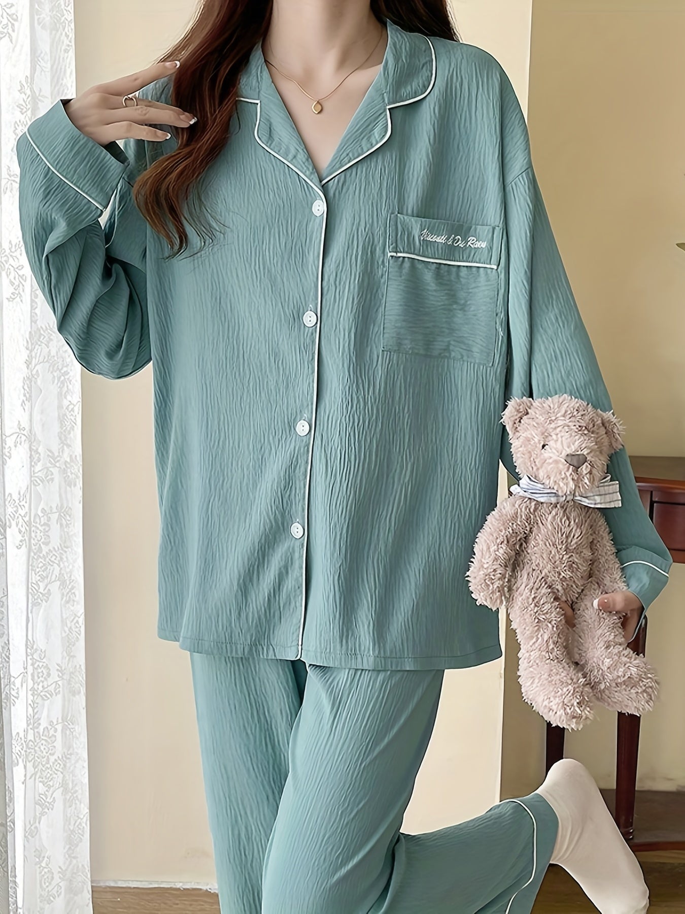 Antmvs Letter Print Lounge Set, Long Sleeve Buttons Top & Elastic Waistband Pants, Women's Loungewear & Sleepwear