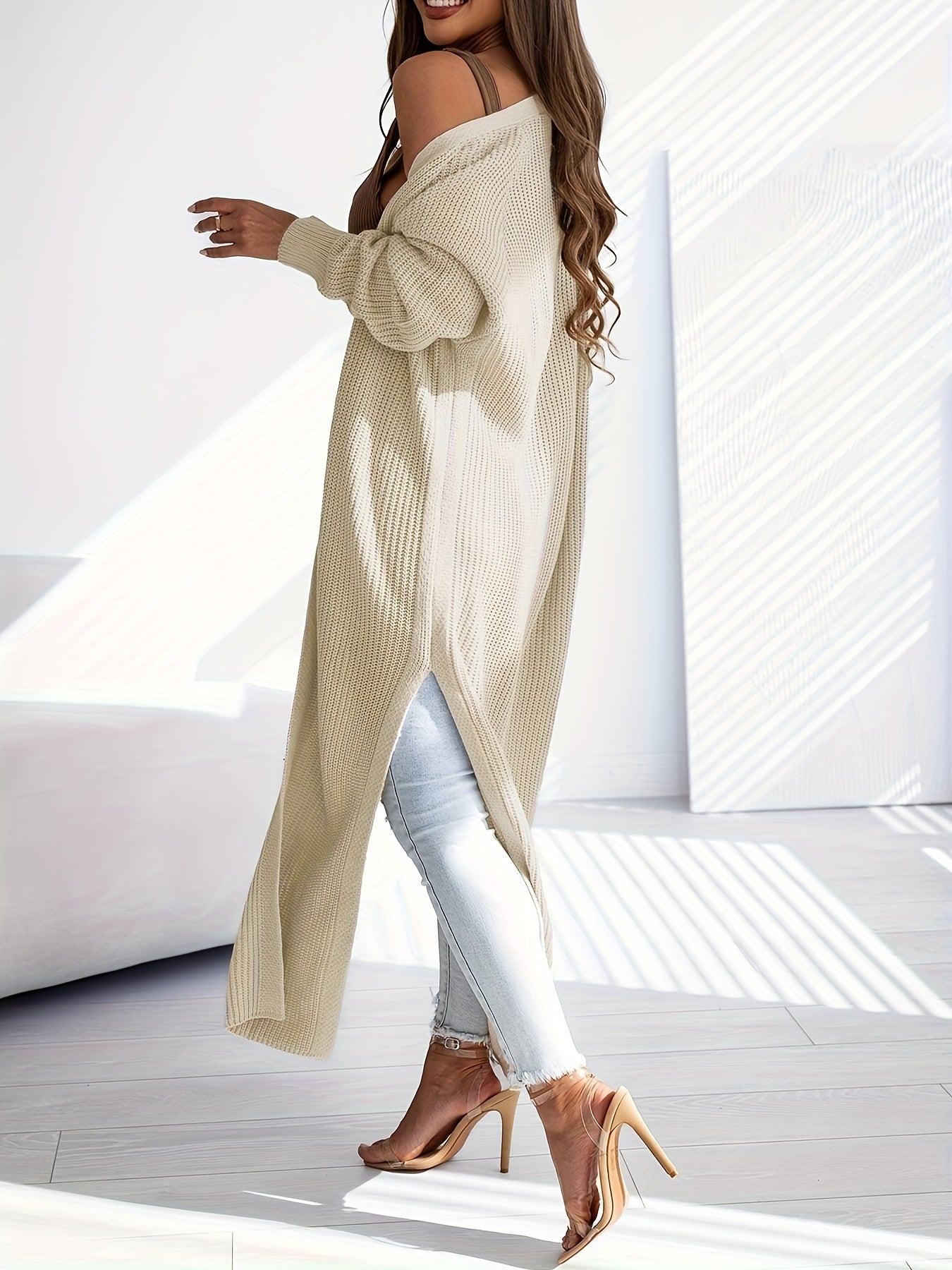 Antmvs Solid Open Front Knit Cardigan, Casual Long Sleeve Long Length Split Outwear, Women's Clothing