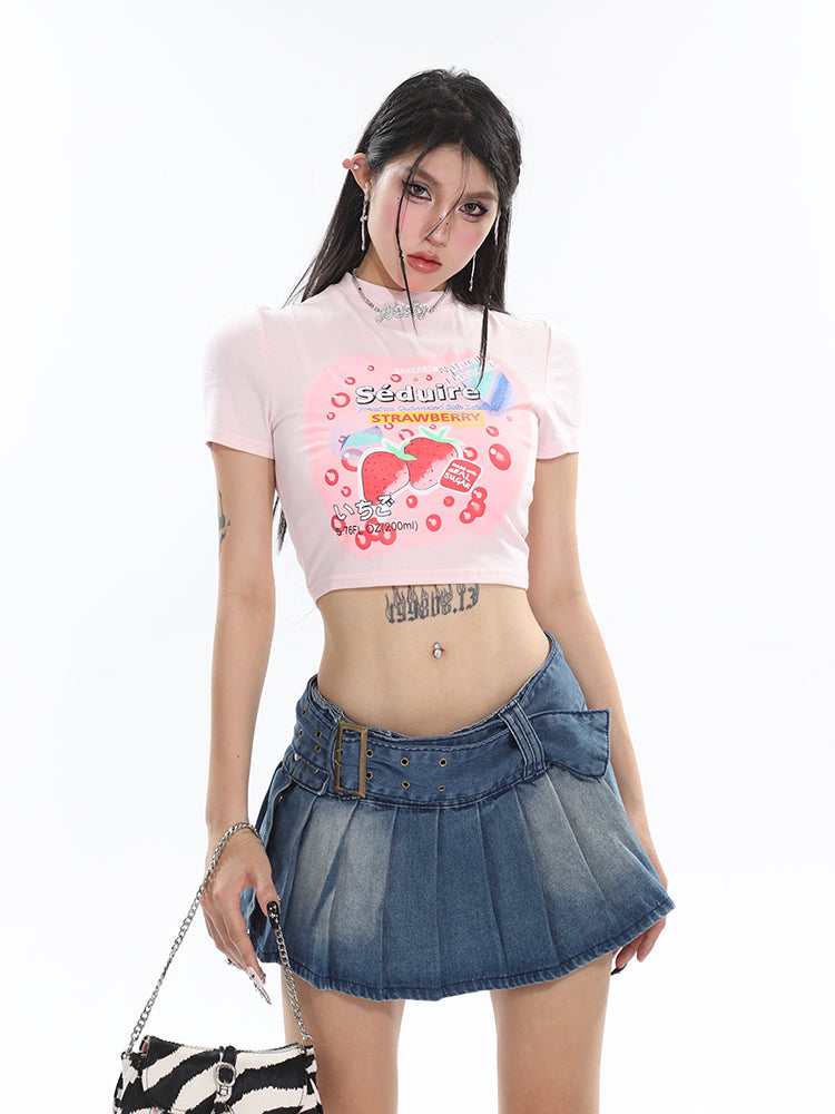 Antmvs Lilia Sweet Strawberry Cartoon Image Print Short Sleeve Slim Cropped Top